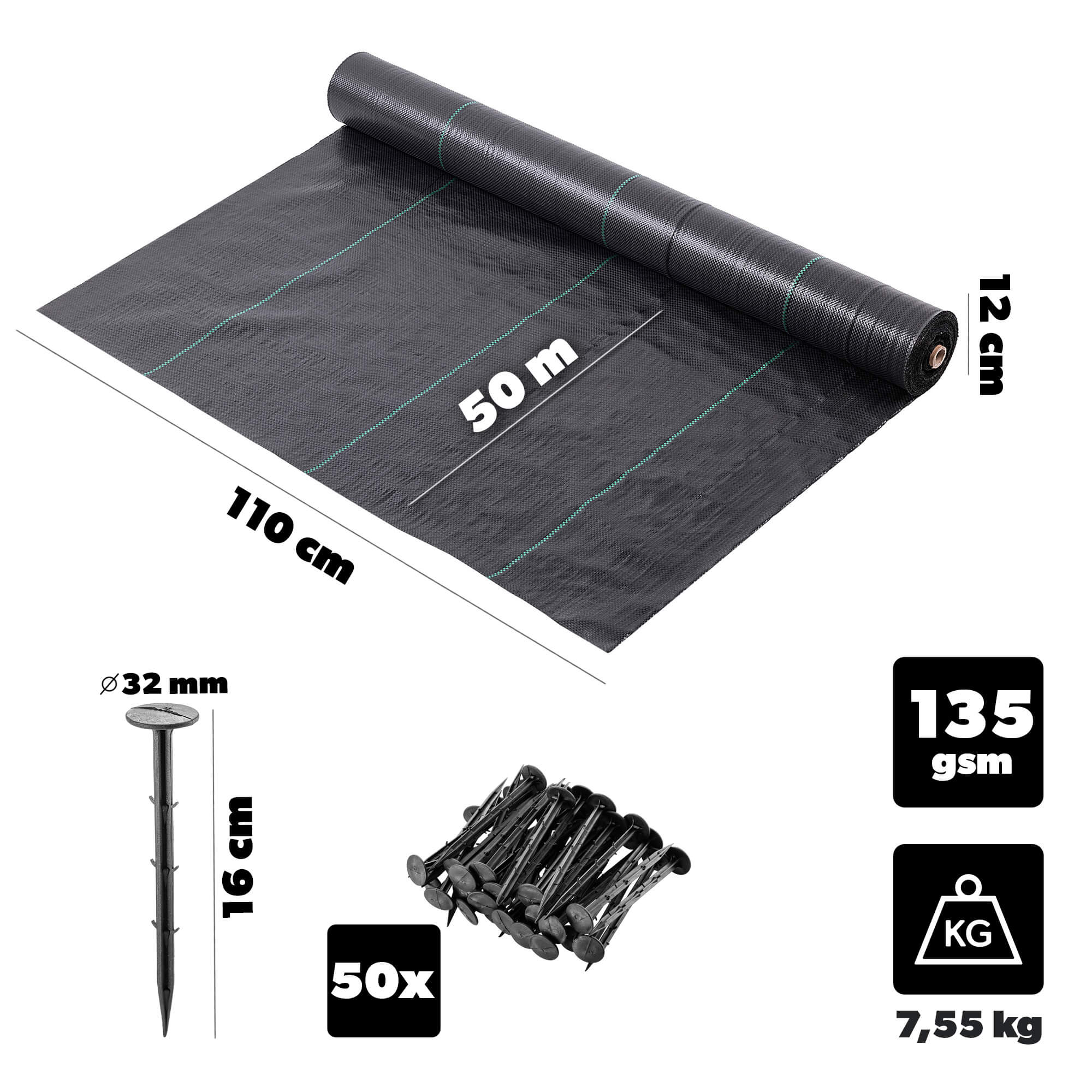 Agrotkanina ogrodowa Auros 1.1 x 50m 135 g/m² czarna + kołki 50 szt.