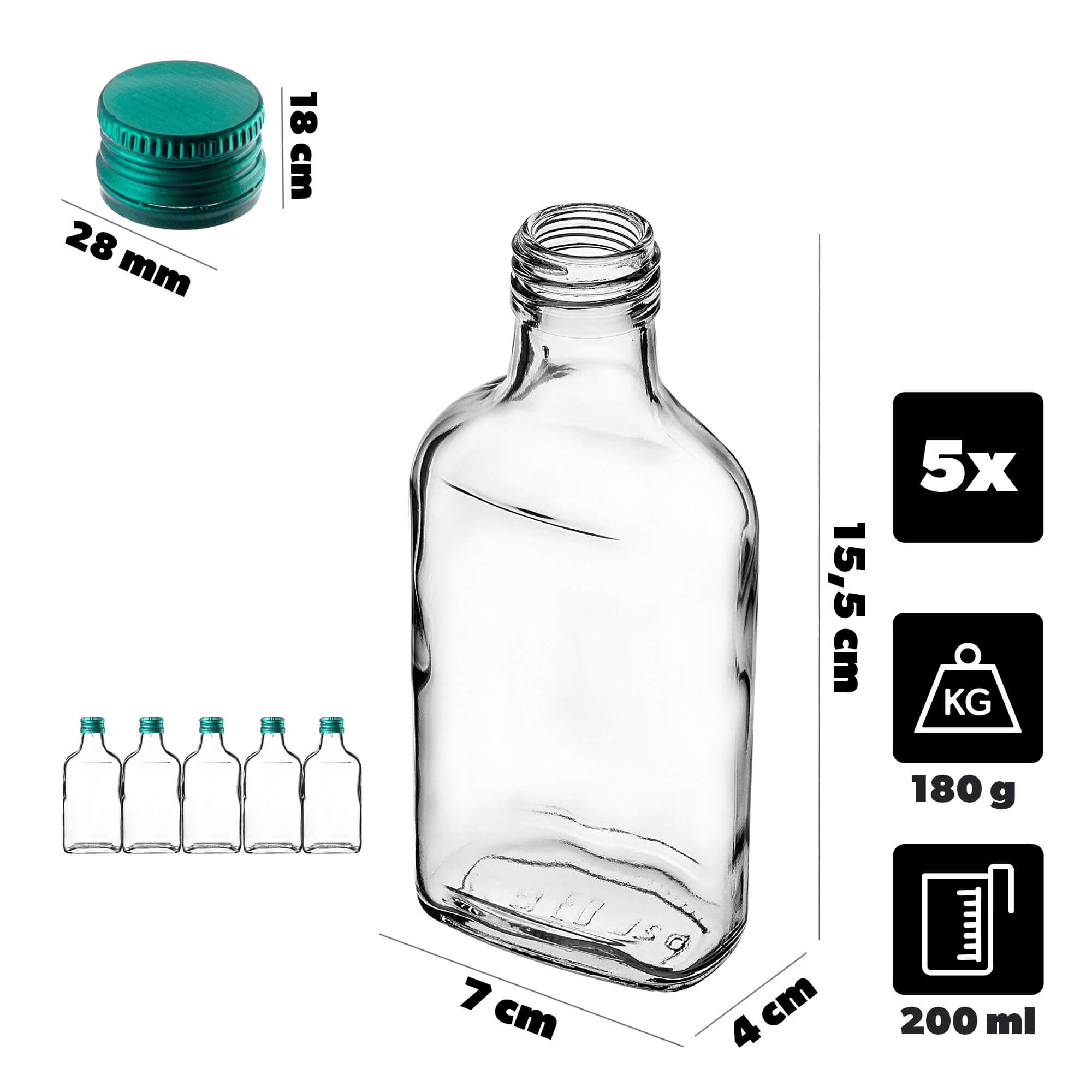 Butelka piersiówka Viane 200ml z zieloną zakrętką 5 szt.