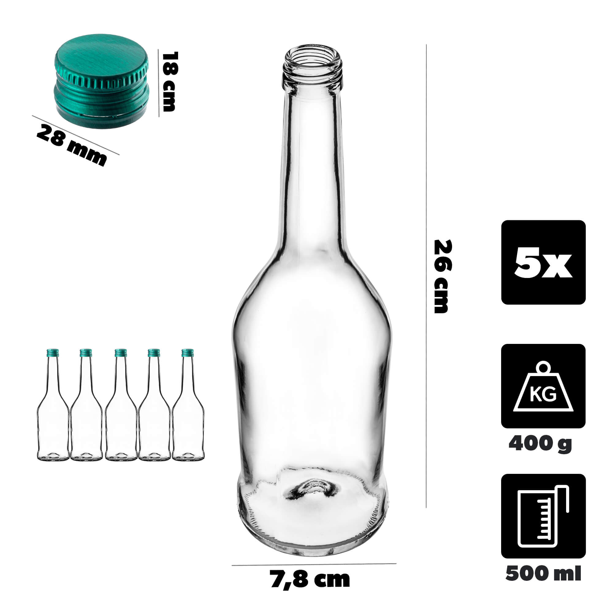 Szklana butelka na nalewkę Loiret 500ml z zieloną zakrętką 5 szt.