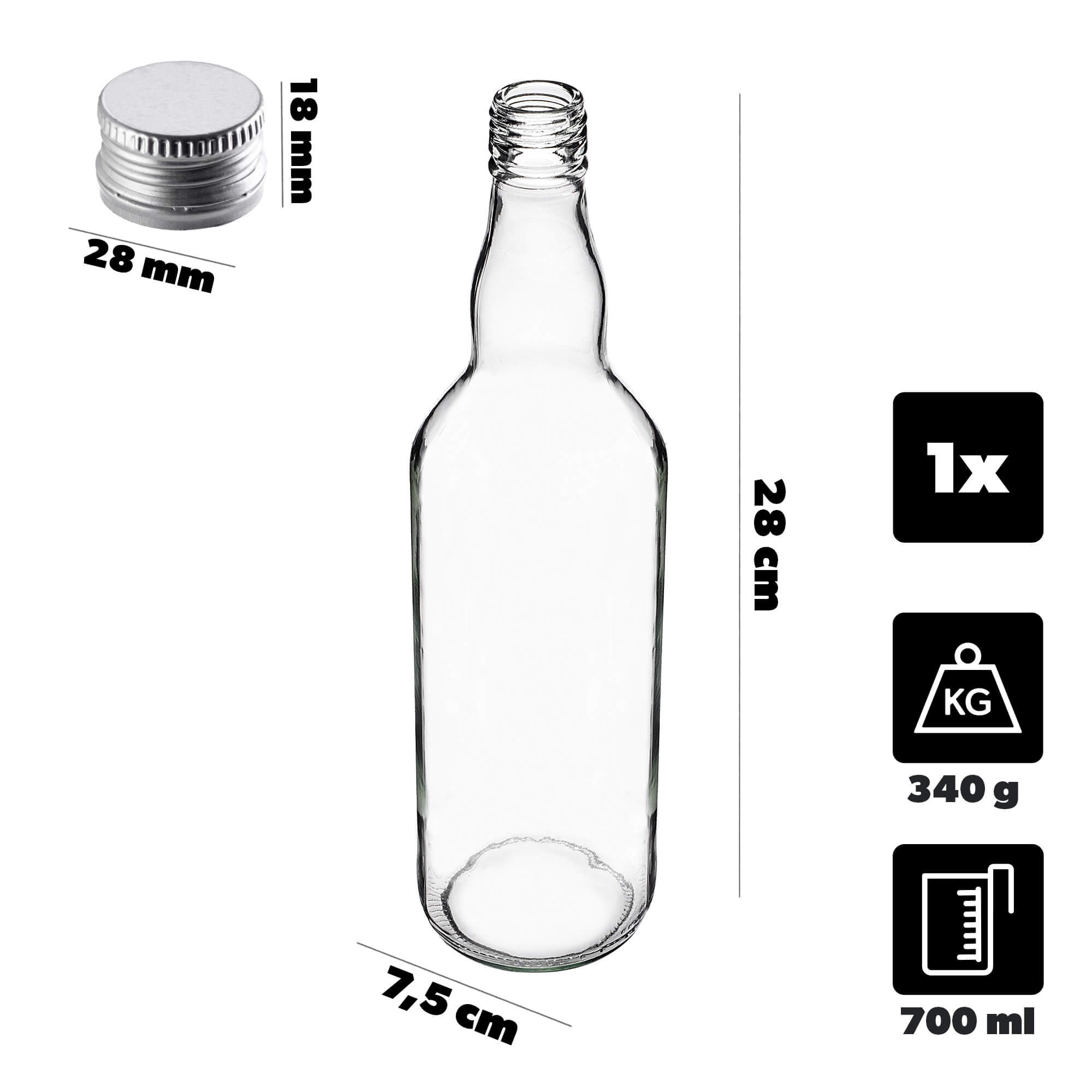 Szklana butelka Monopol 700ml z srebrną zakrętką 1 szt.