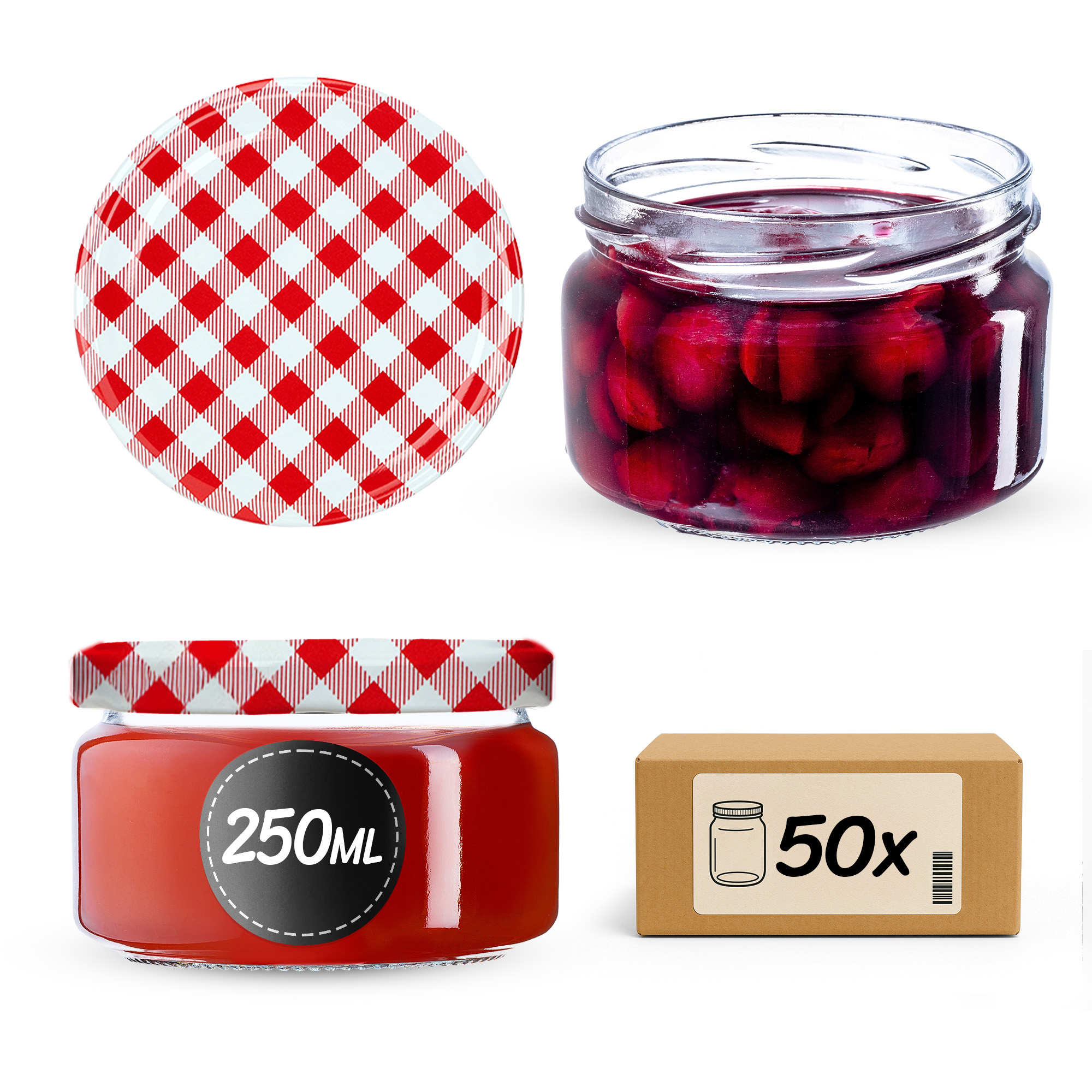 Słoiki na przetwory Denia 250ml 50szt 82mm + wieczko "Czerwona Krata"