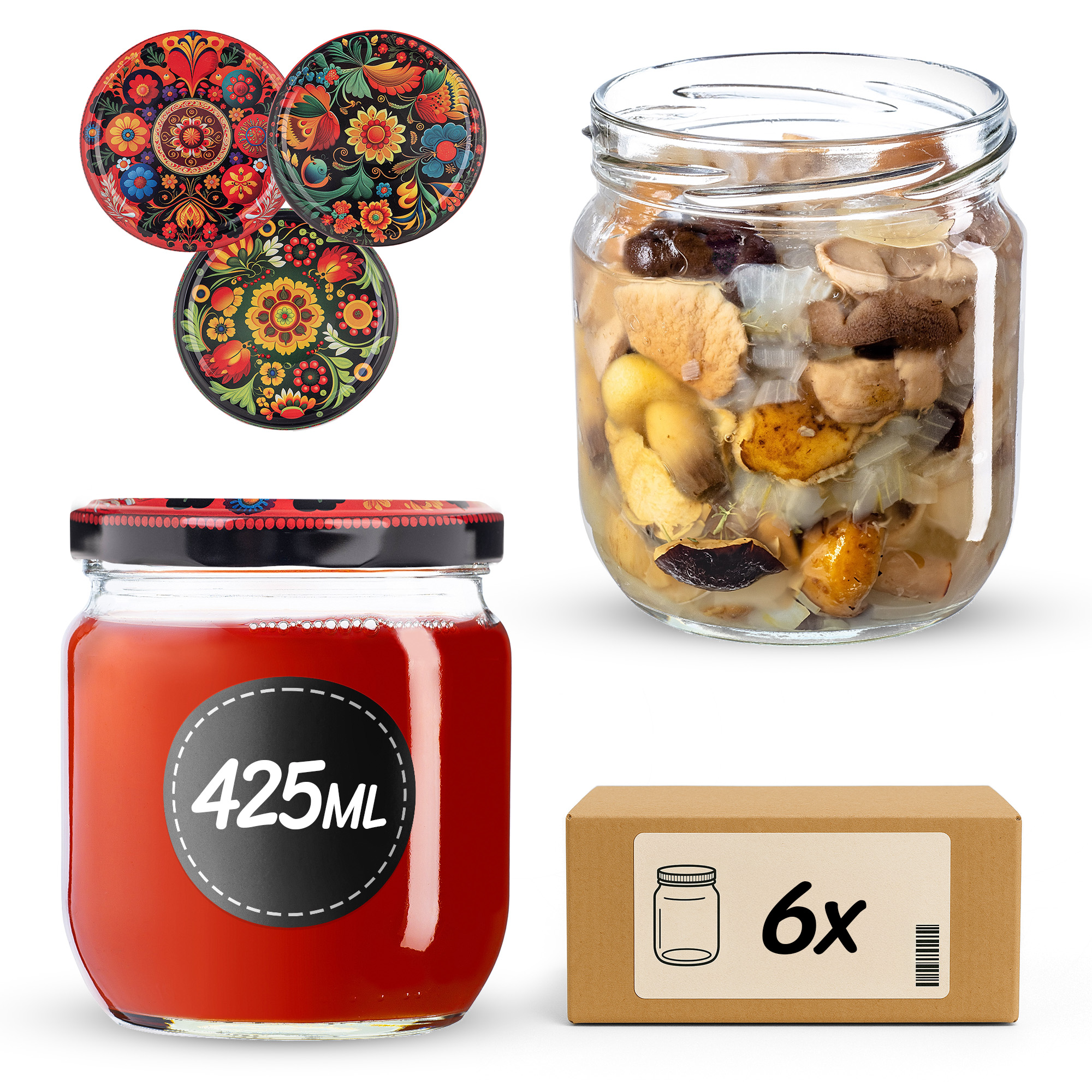 Słoiki na przetwory Salla 425ml fi82mm 6szt + wieczko Haftowanka
