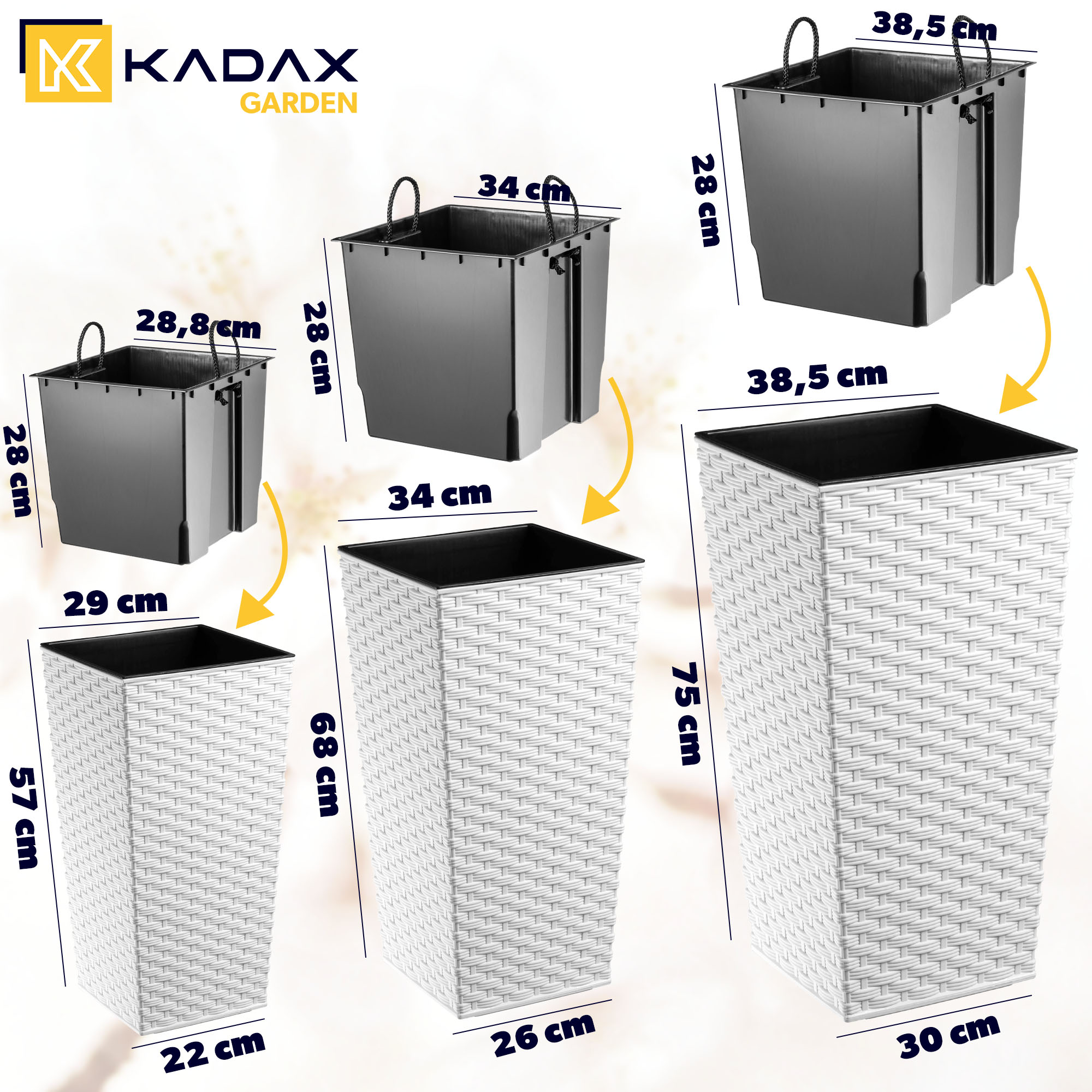 Donice na kwiaty z wkładem Pesaro rattan 30 cm +35 cm + 40 cm, białe