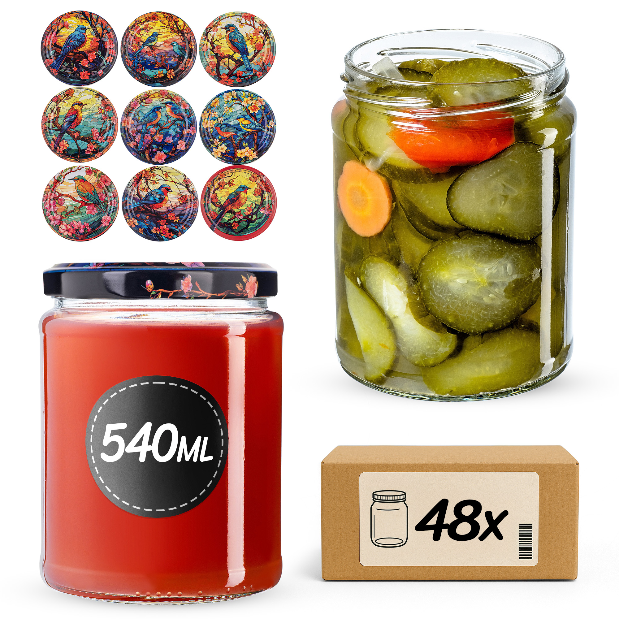 Słoiki na przetwory Maki 540ml fi82mm 48szt + wieczko Ptaki