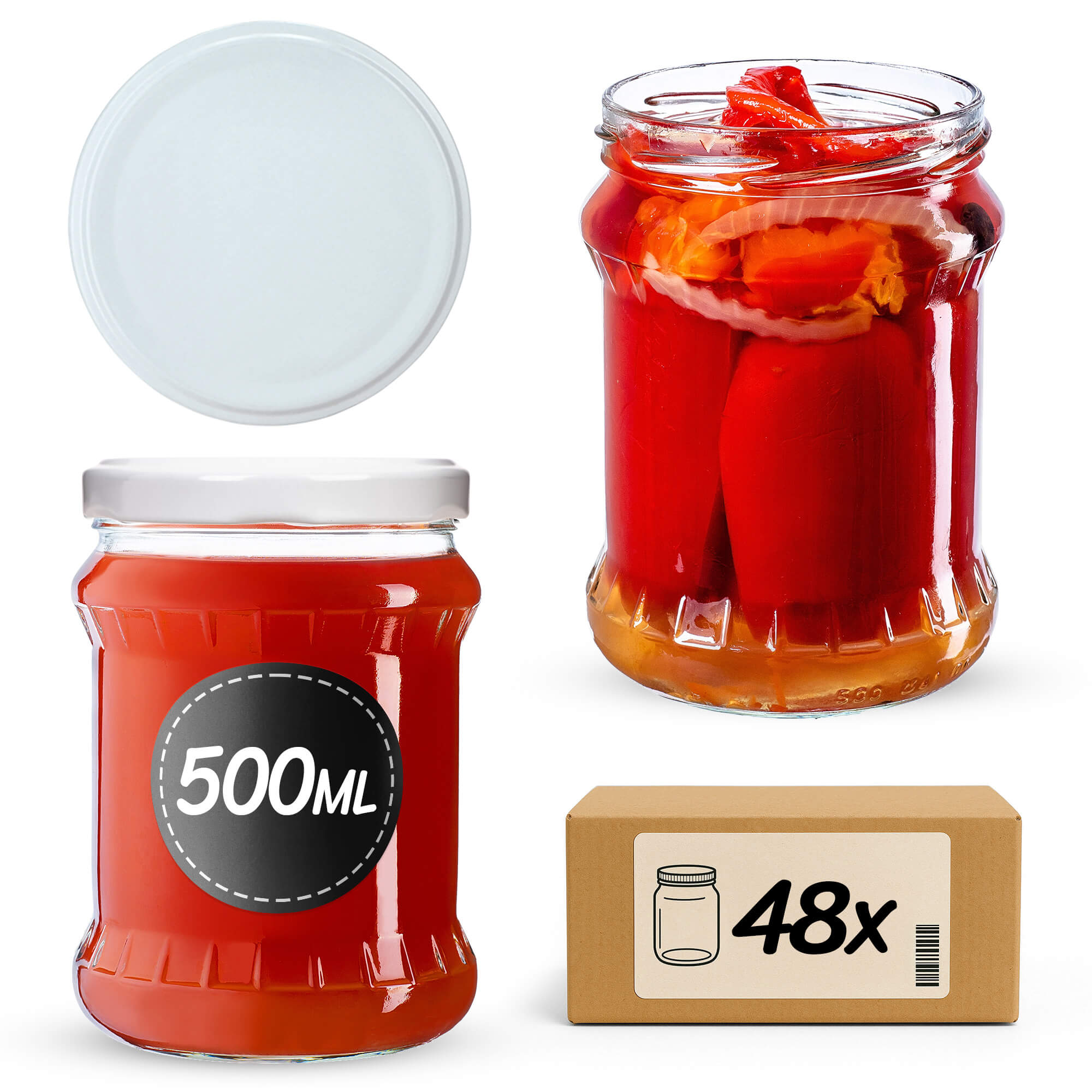Słoiki na przetwory Kisko 500ml 48szt 82mm + wieczka białe