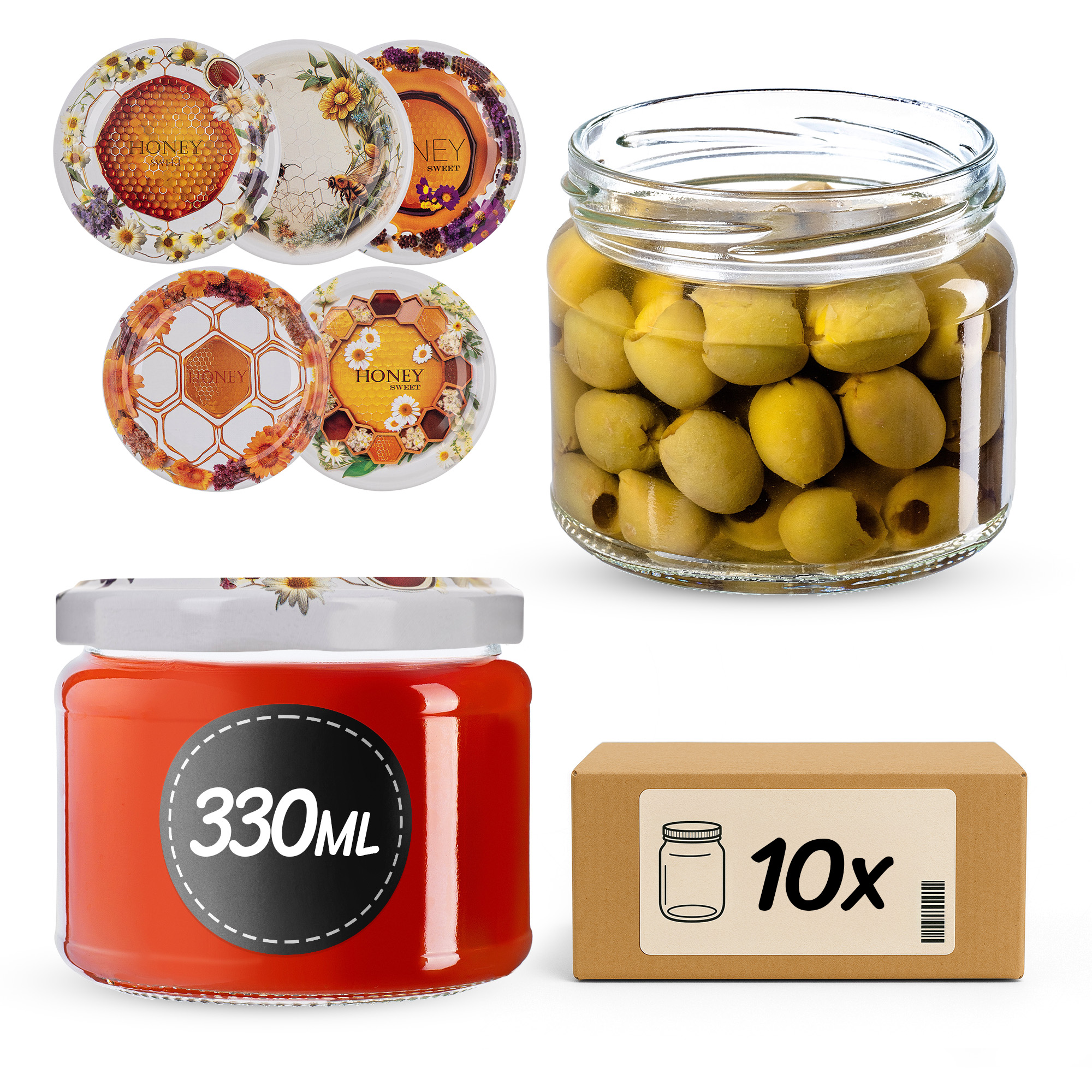 Słoiki na przetwory Sonka 330ml fi82mm 10szt + wieczko Miodowy mix