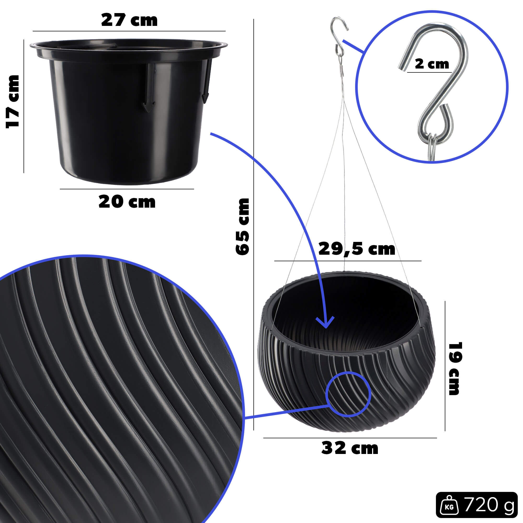 Doniczka wisząca z wkładem Rucas 29 cm, antracyt