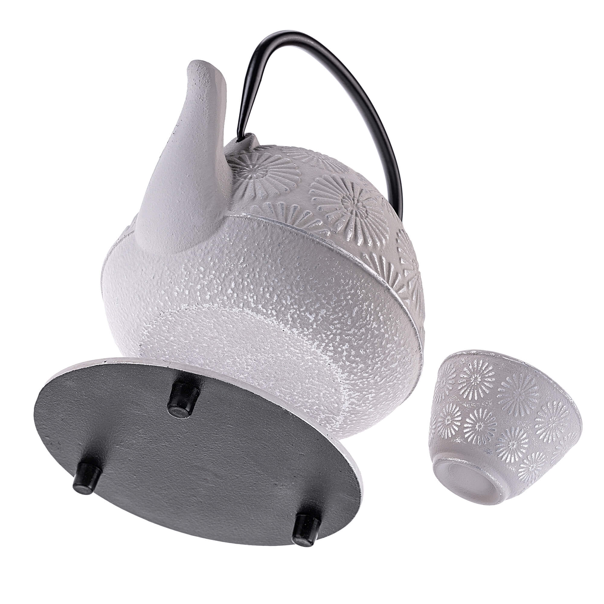 Czajnik żeliwny z czarkami i zaparzaczem Genua biały