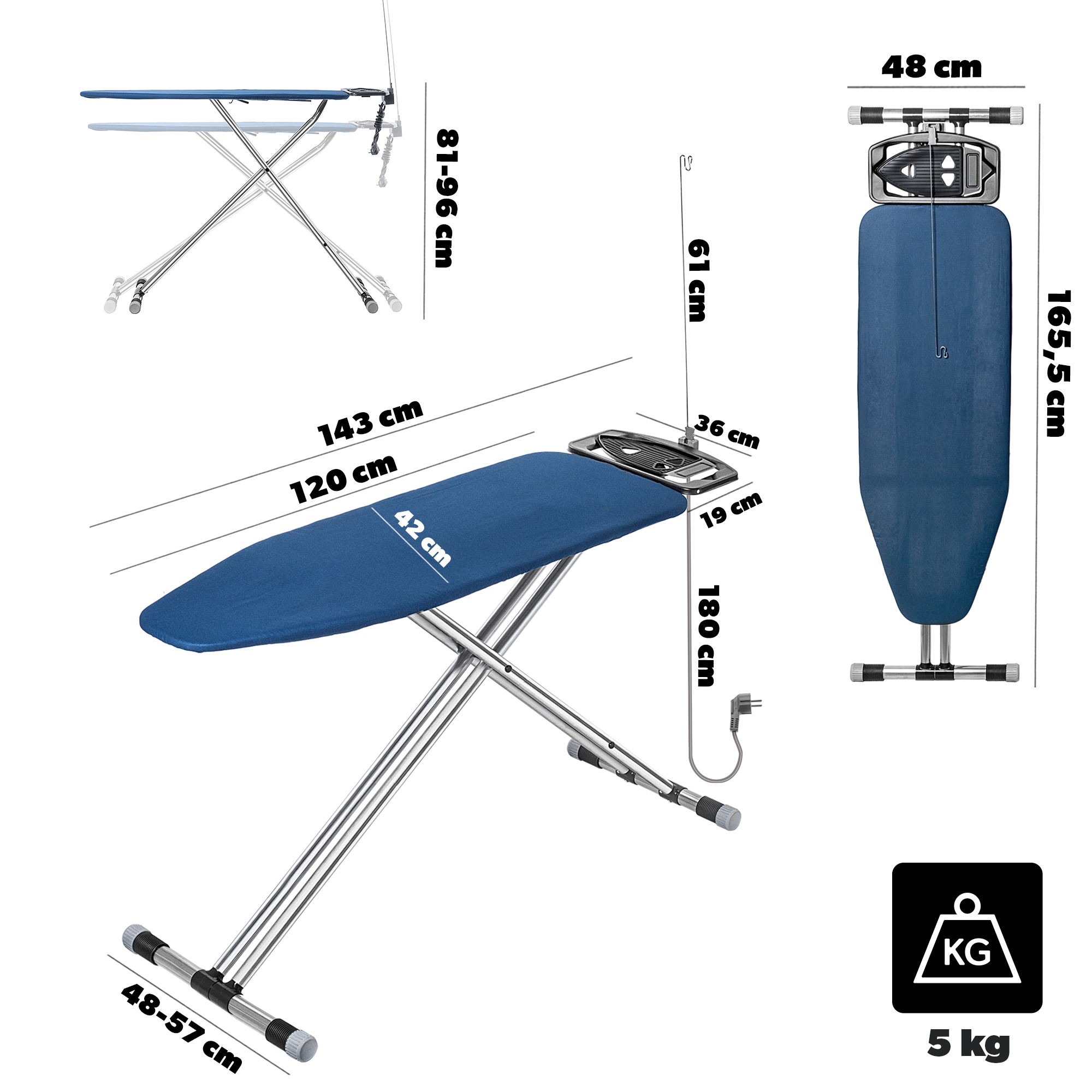 Deska do prasowania aluminiowa 120x42cm granatowa