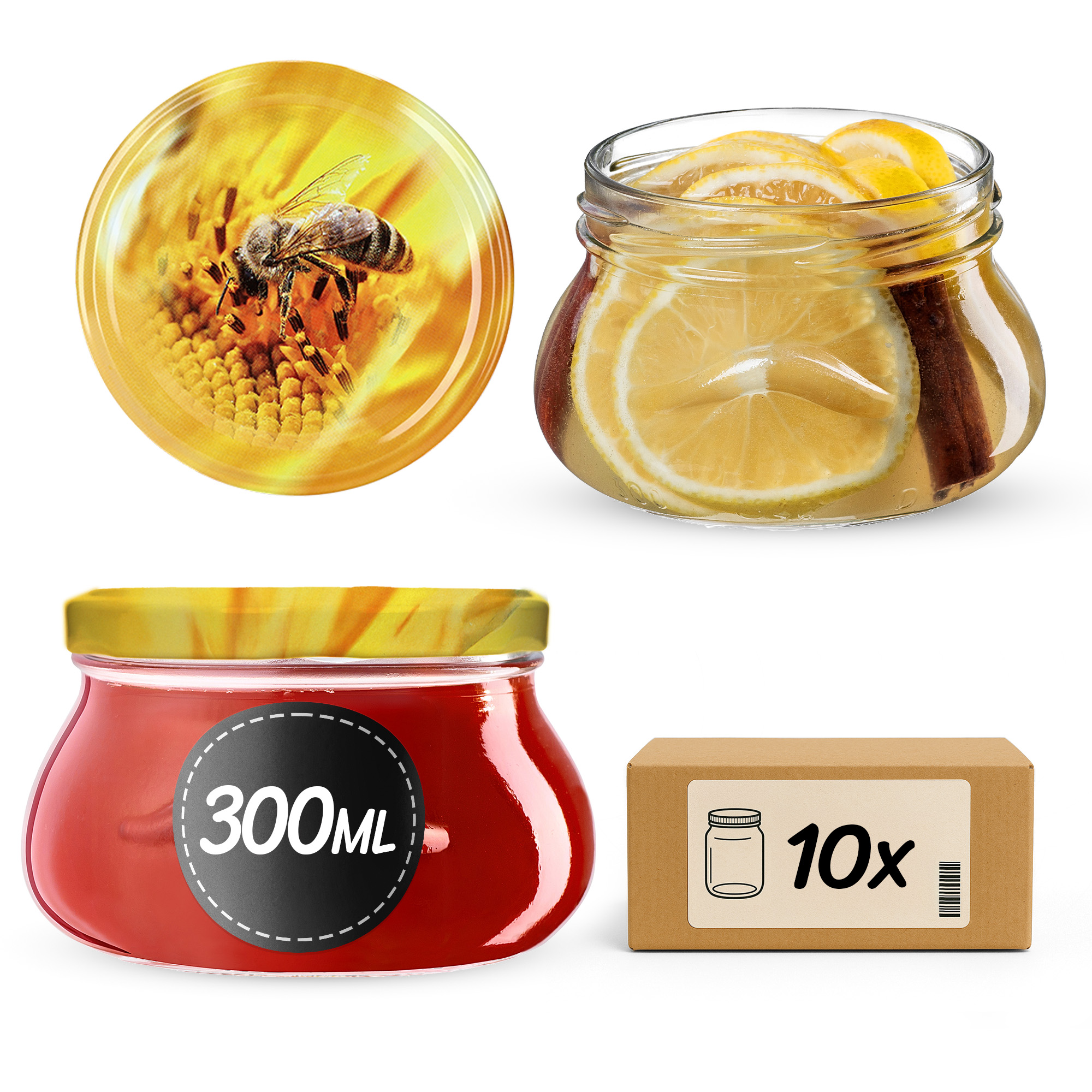 Słoiki na przetwory Raja 300ml 10szt 82mm + wieczka "Pszczoła"