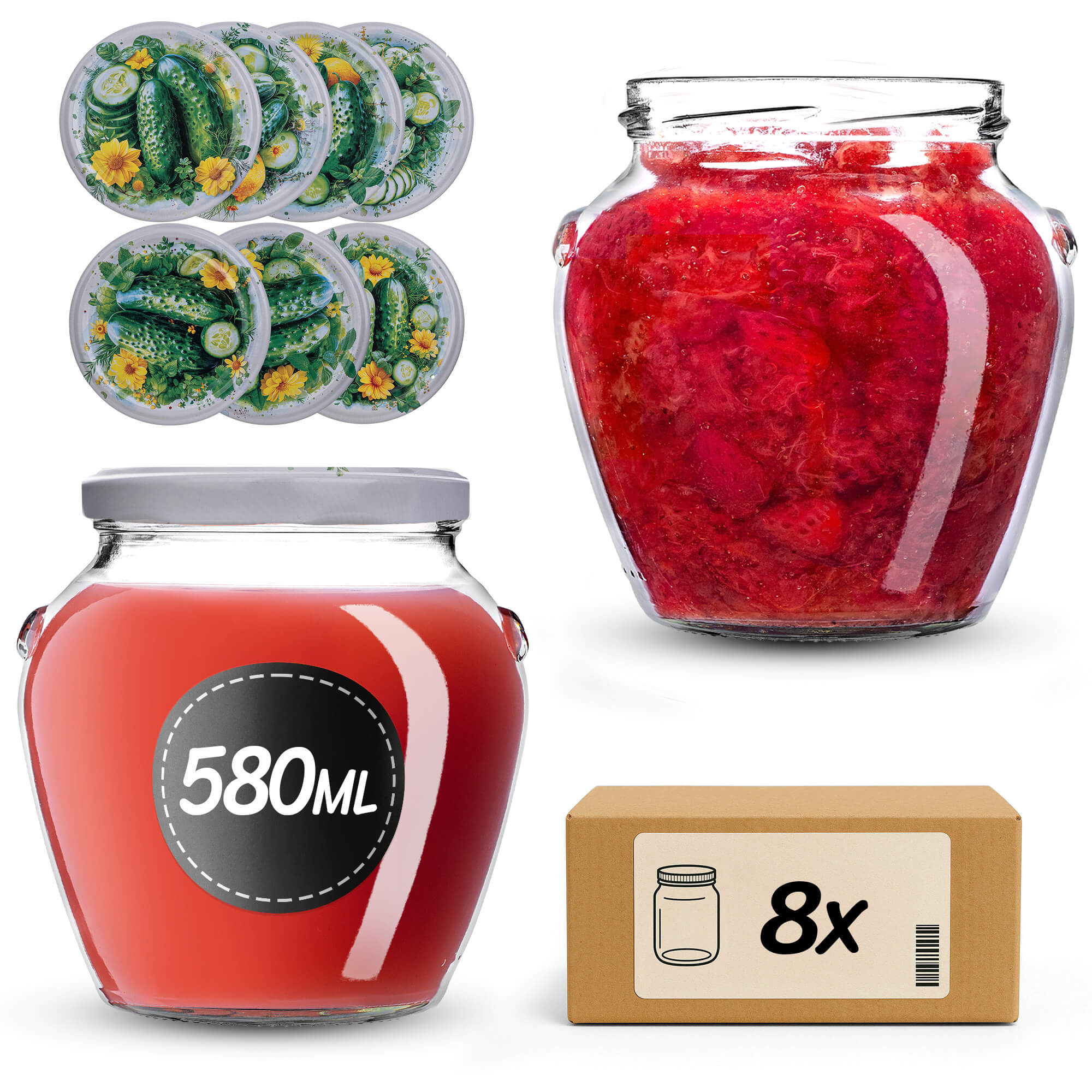 Słoiki na przetwory Sassa 580ml 8szt 82mm + wieczka "Kompozycja ogórków"