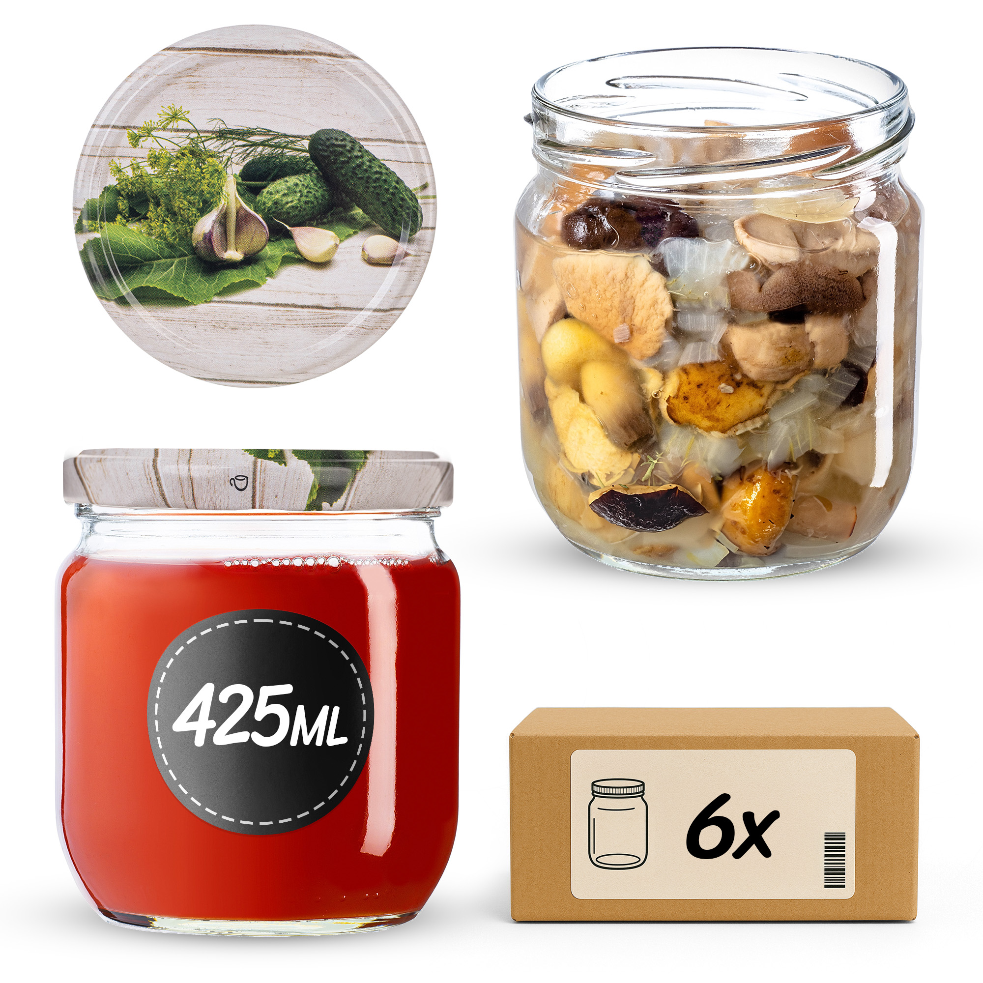 Słoiki na przetwory Salla 425ml fi82mm 6szt + wieczko Ogórek