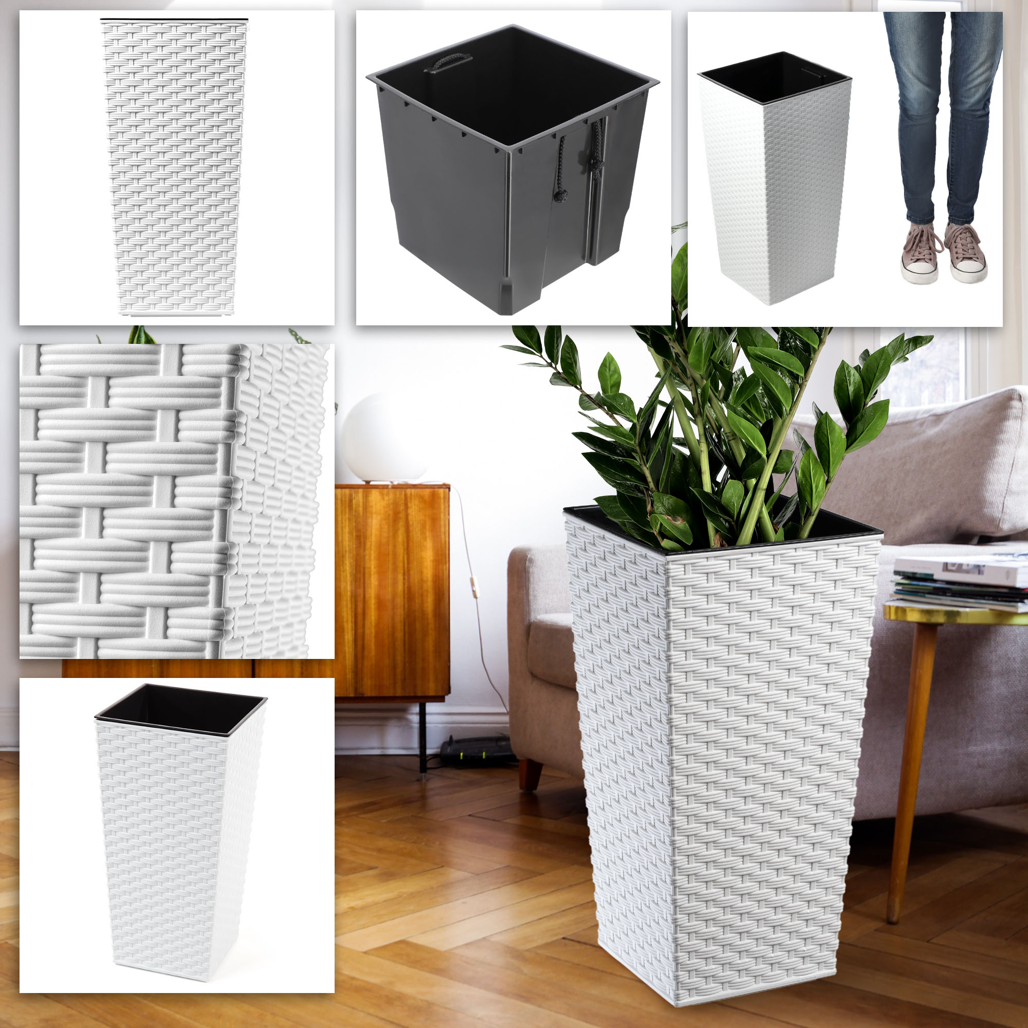 Donice na kwiaty z wkładem Pesaro rattan 30 cm +35 cm + 40 cm, białe