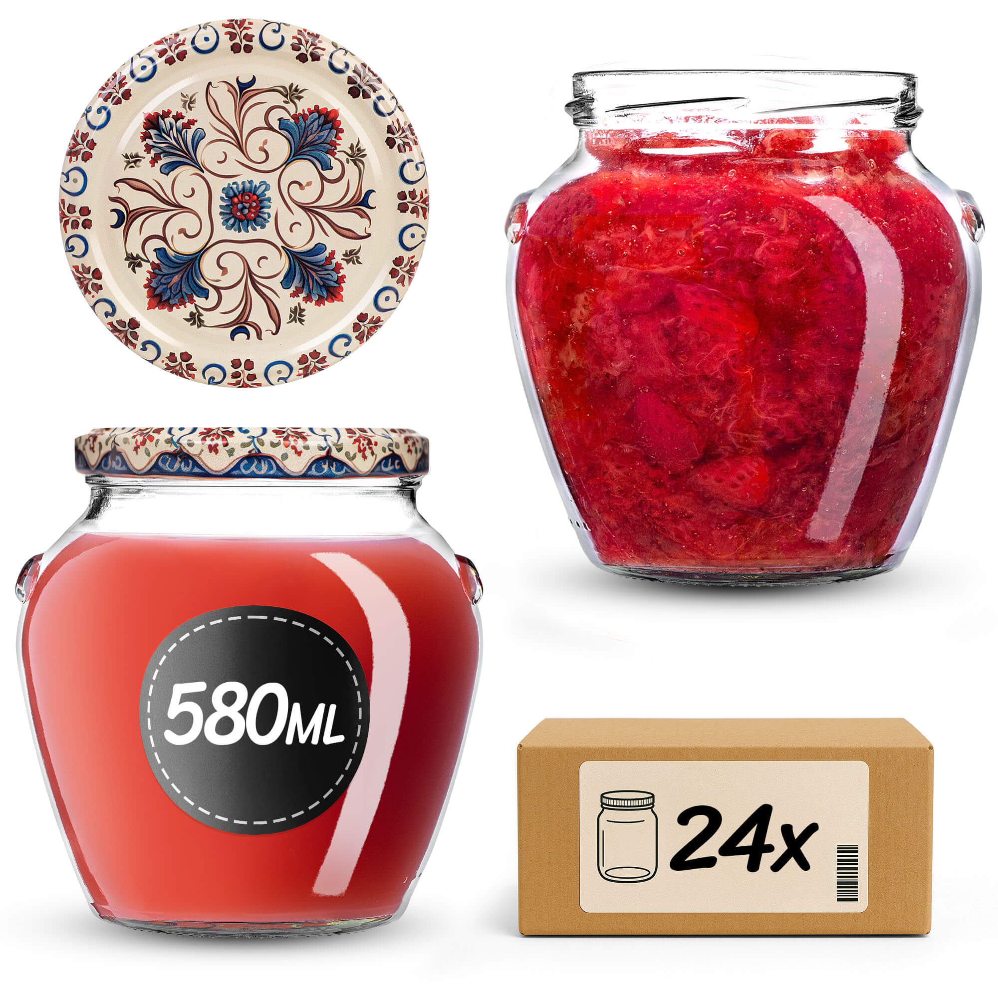 Słoiki na przetwory Sassa 580ml 24szt 82mm + wieczka "Niebiesko-czerwone kwiaty"