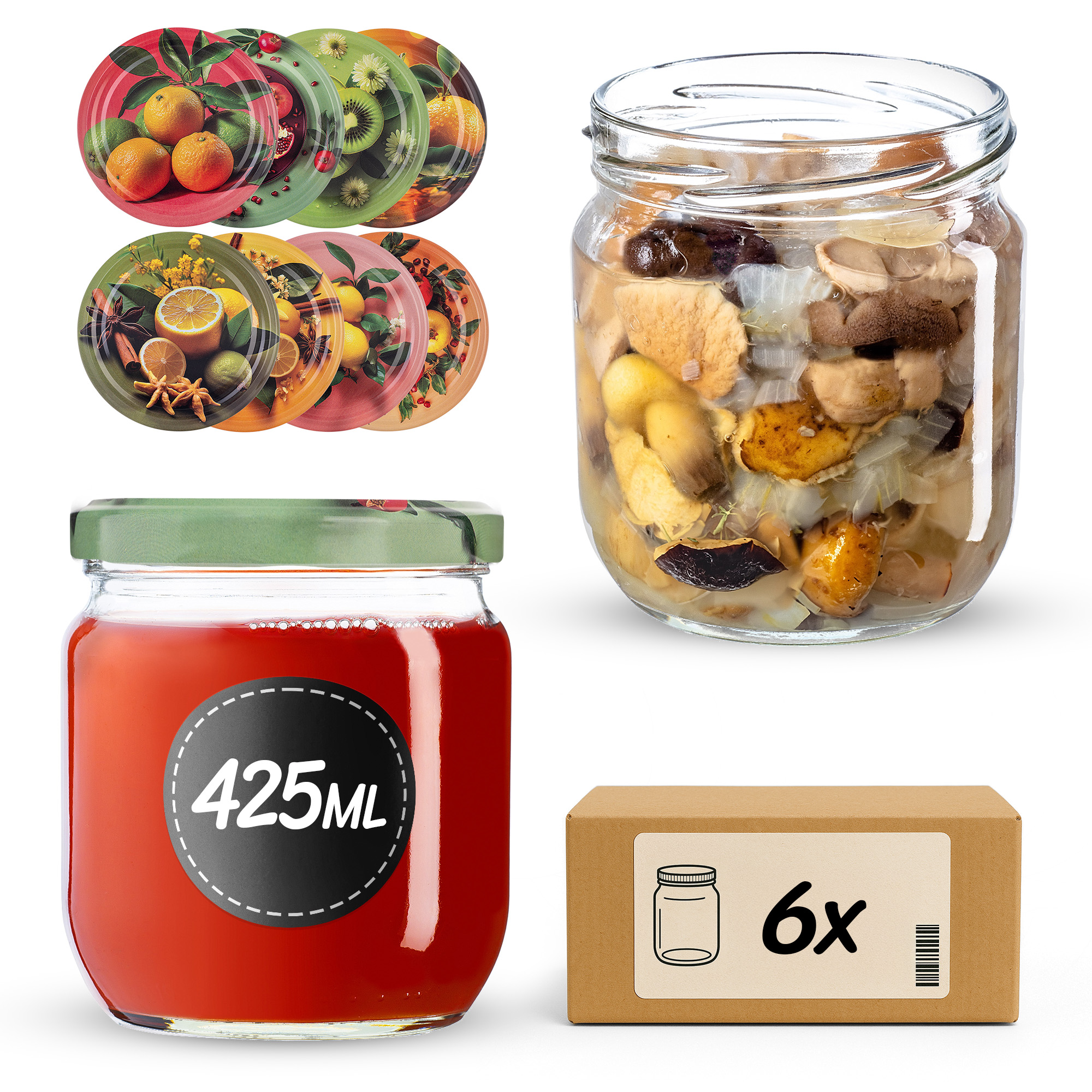 Słoiki na przetwory Salla 425ml fi82mm 6szt + wieczko Egzotyczne owoce