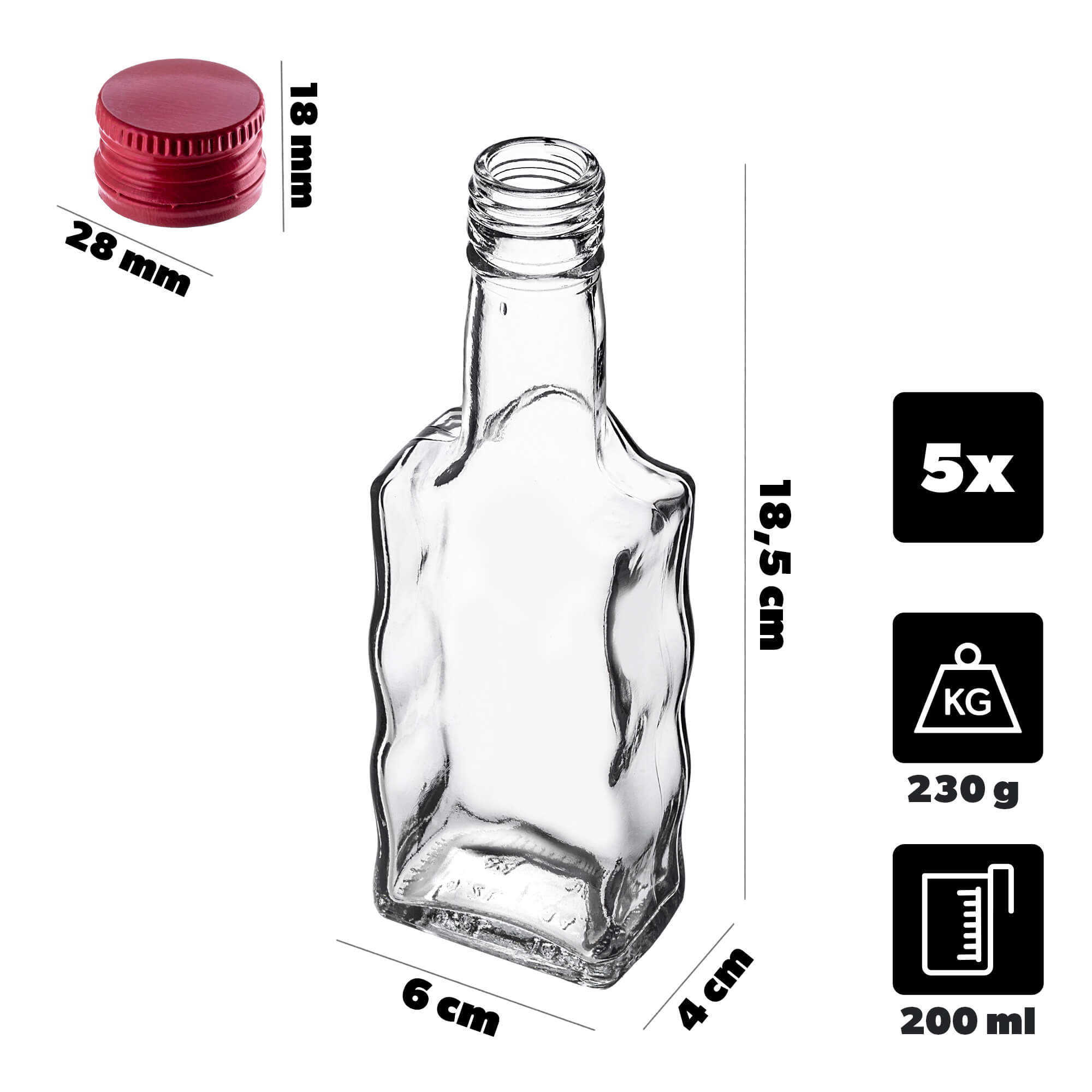 Szklana butelka na nalewkę Fala 200ml z czerwoną zakrętką 5 szt.