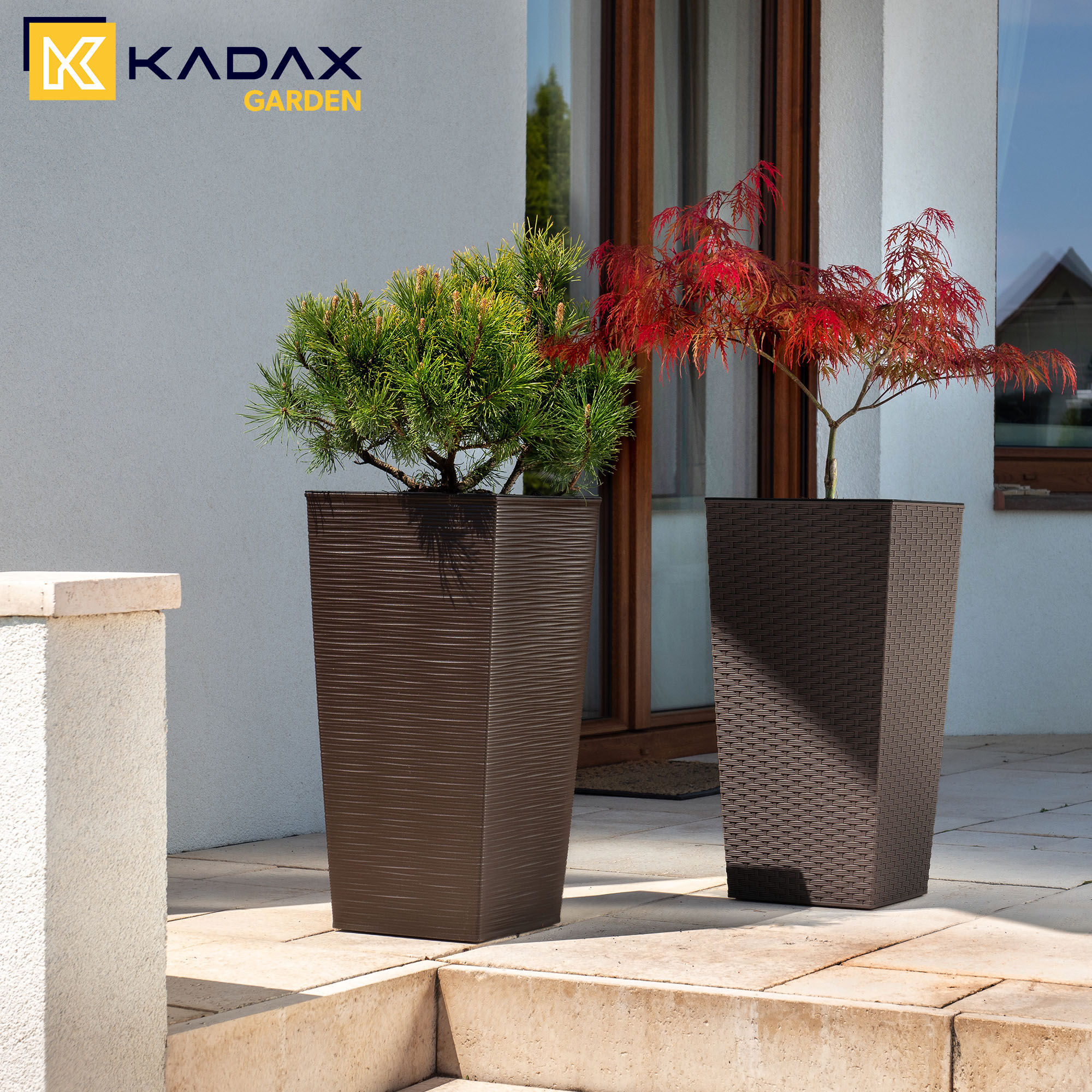 Donice na kwiaty z wkładem Pesaro rattan 25 cm + 30 cm +35 cm, mokka