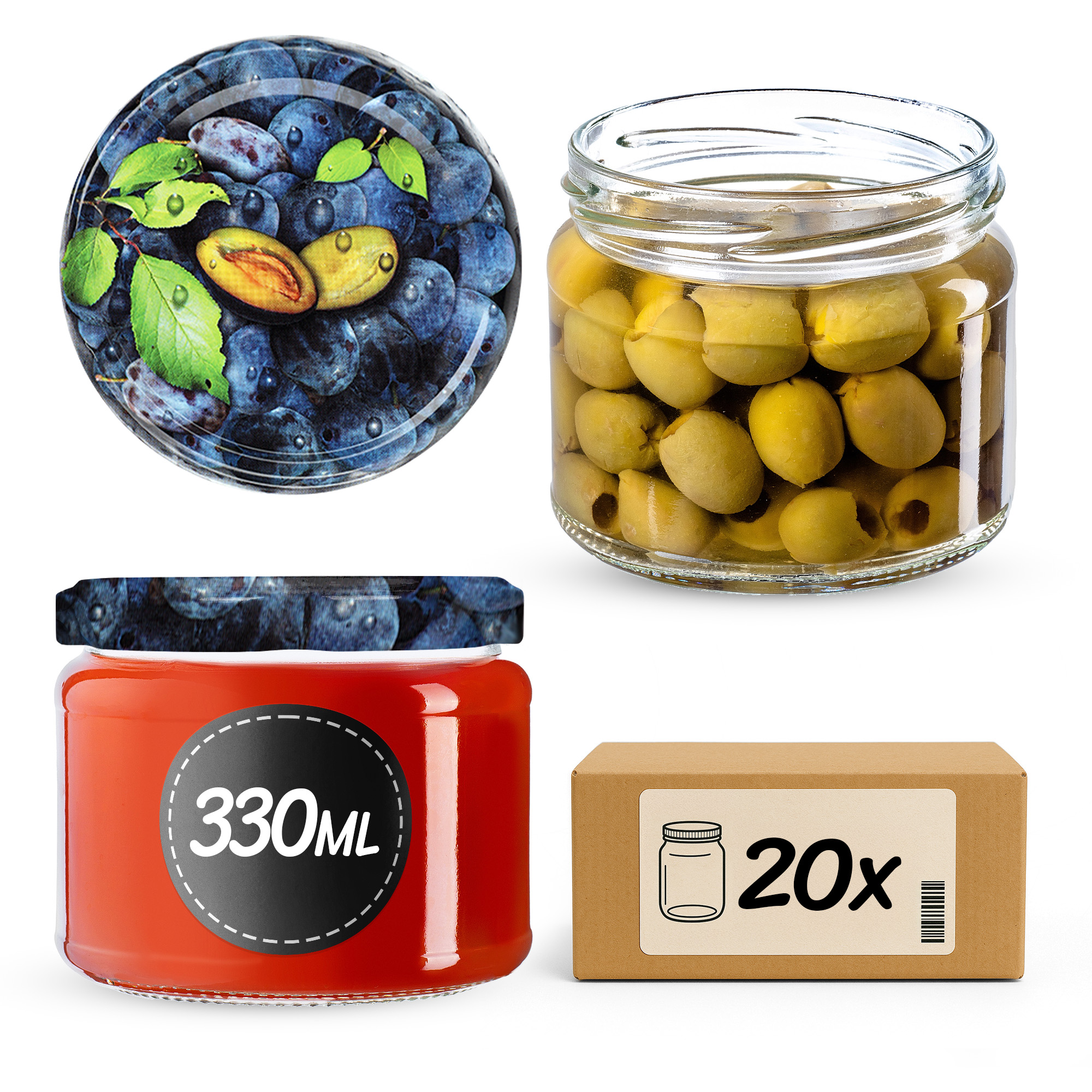 Słoiki na przetwory Sonka 330ml 20szt 82mm + wieczka "Śliwki"