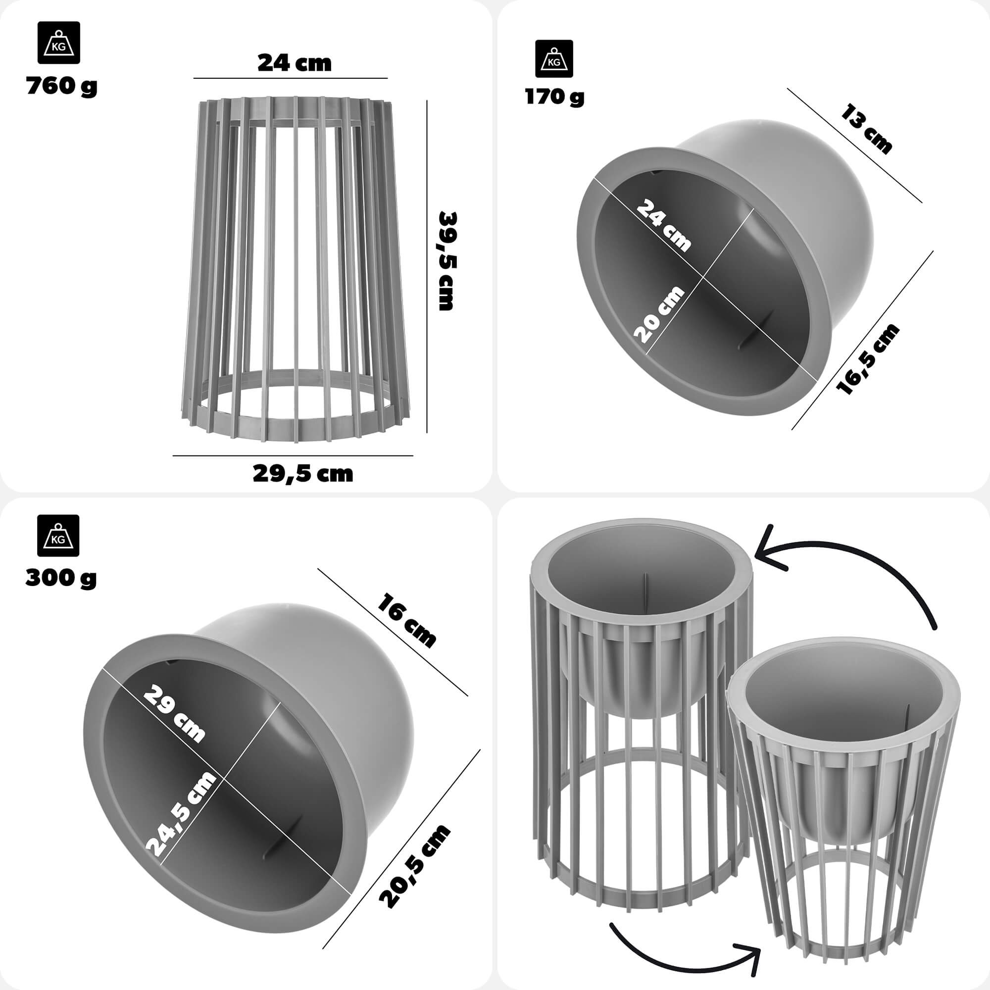 Kwietnik dwustronny Aytre 40 cm platynowy + 2 wkłady
