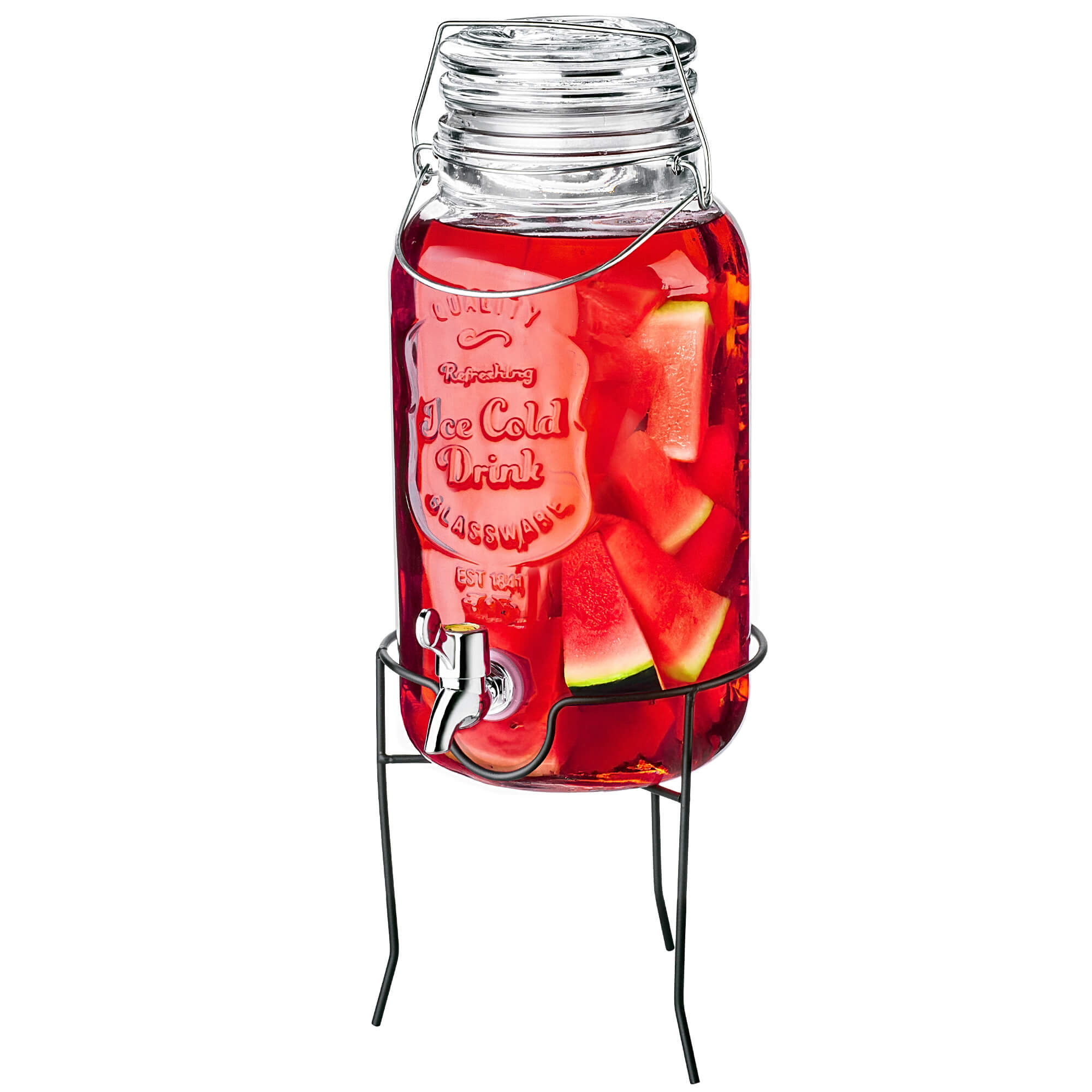 Słój z kranikiem Mesagne do zimnych napojów i lemoniady 4L z podstawką i szklaną pokrywką