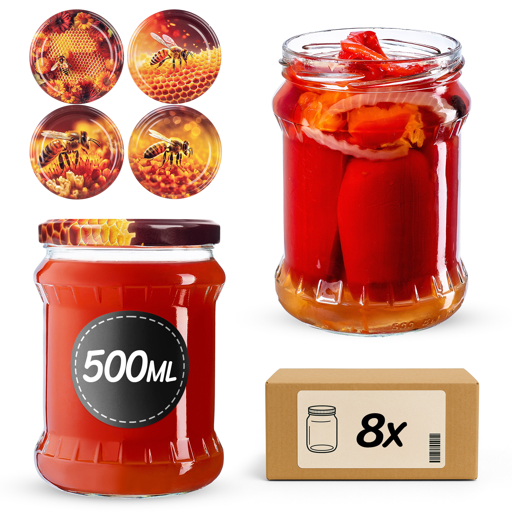 Słoiki na przetwory Kisko 500ml fi82mm 8szt + wieczko Zestaw miodowy