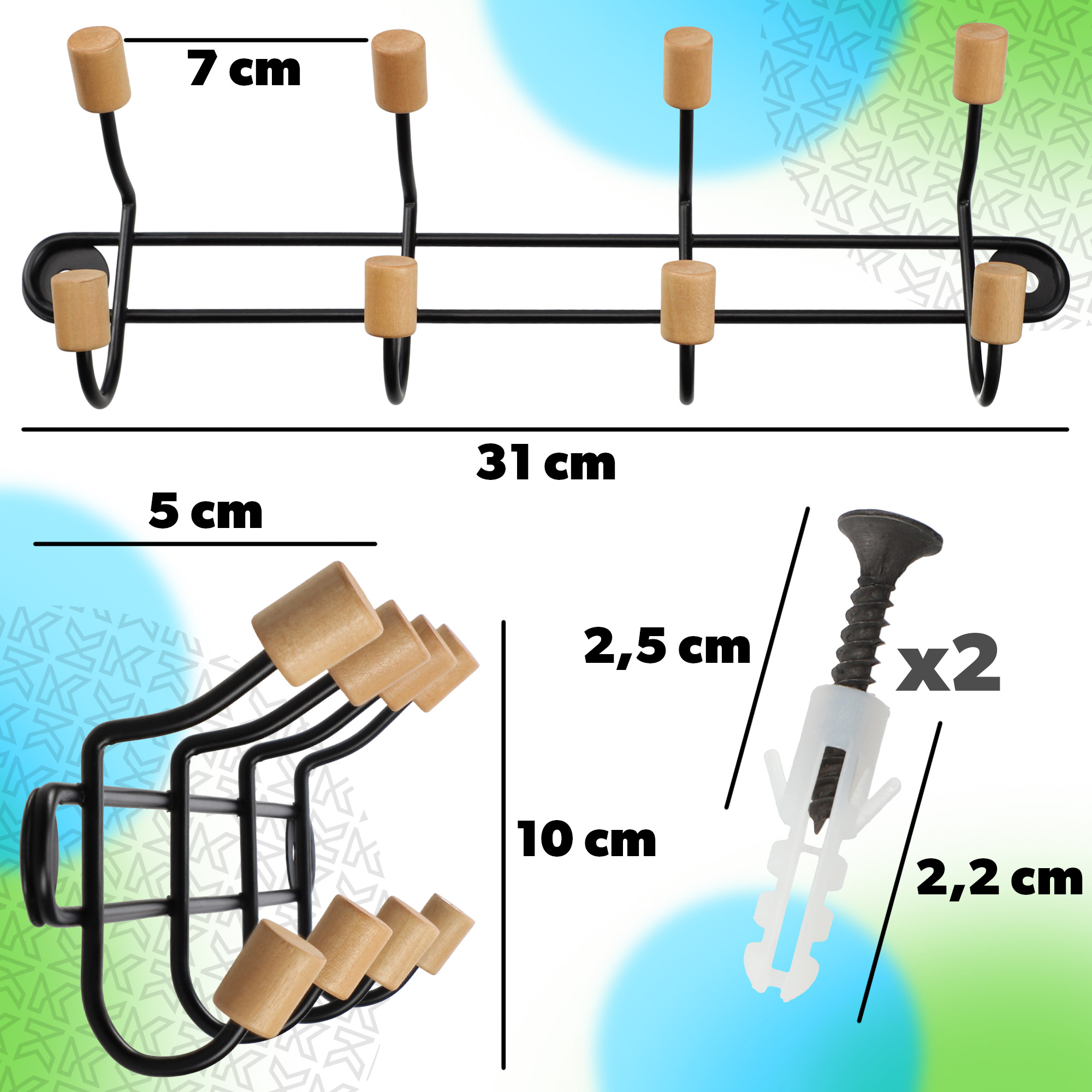 Wieszak ścienny Imola z bambusem, 4 haki, czarny