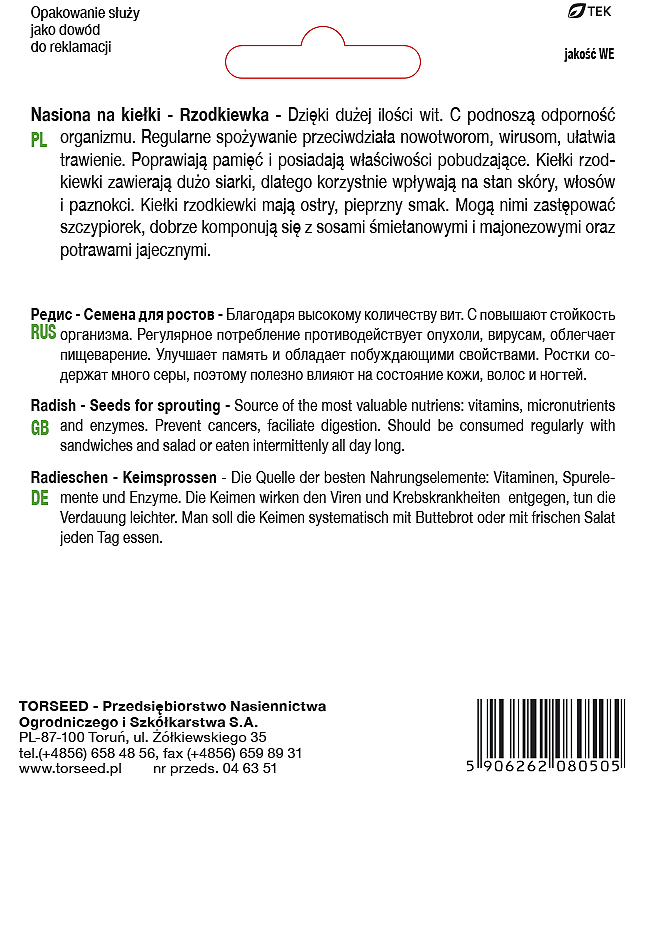 Nasiona na kiełki Rzodkiewka 20g