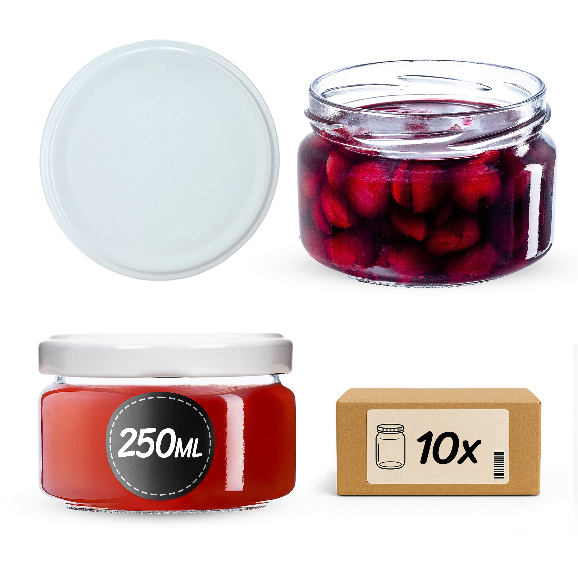 Słoiki na przetwory Denia 250ml 10szt 82mm + wieczko białe