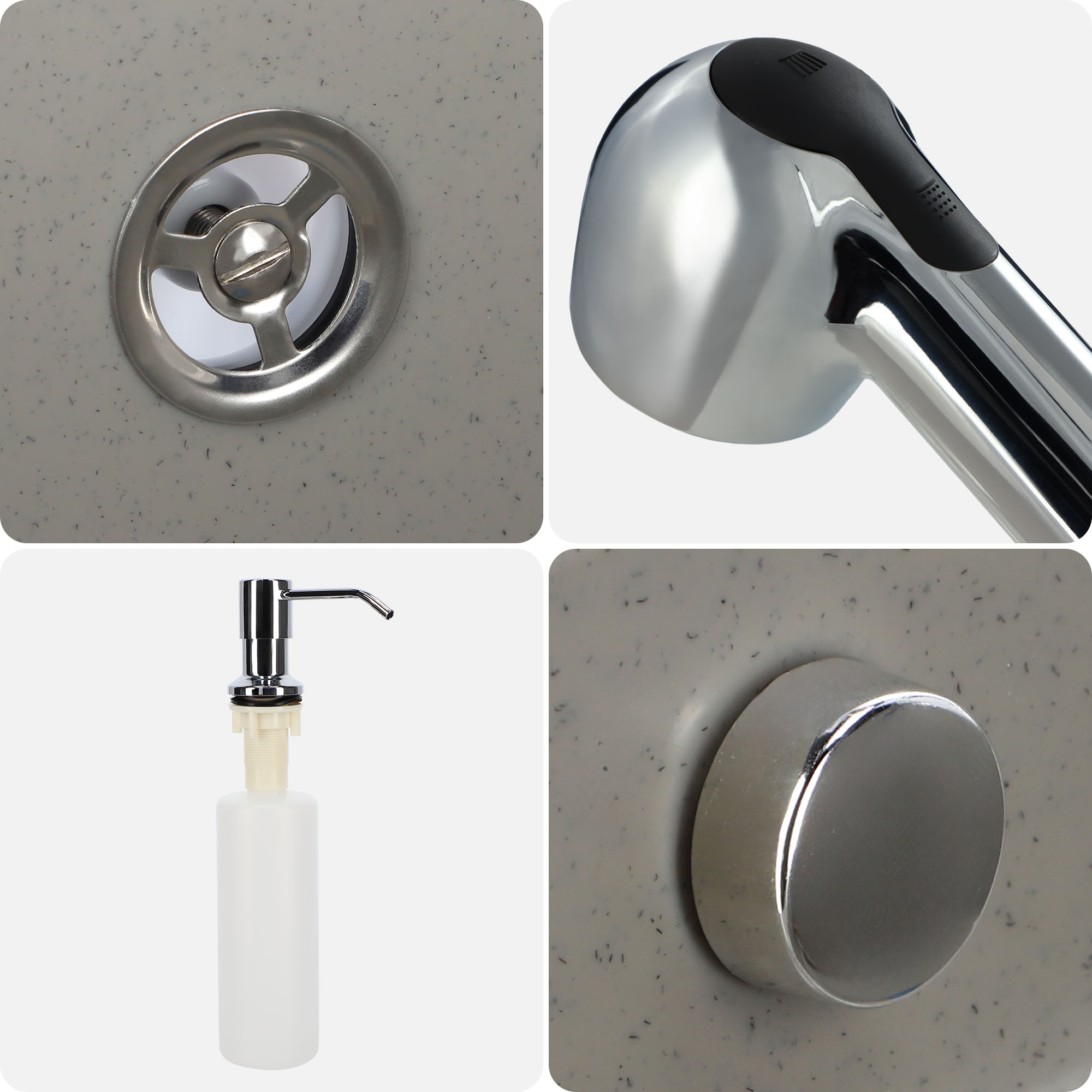 Zlew gospodarczy z wyciąganą baterią i dozownikiem Gospo F, szary