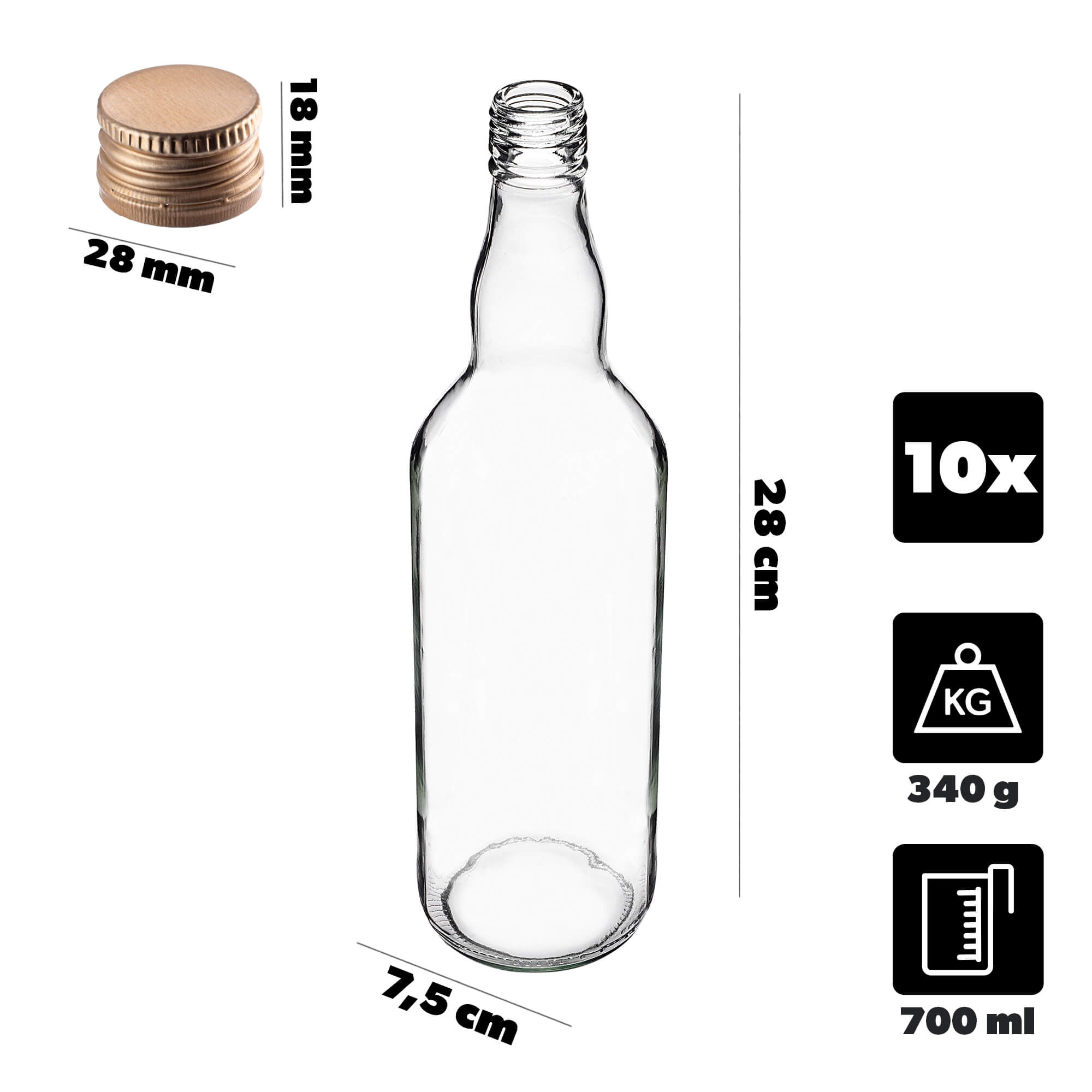 Szklana butelka Monopol 700ml ze złotą zakrętką 10 szt.