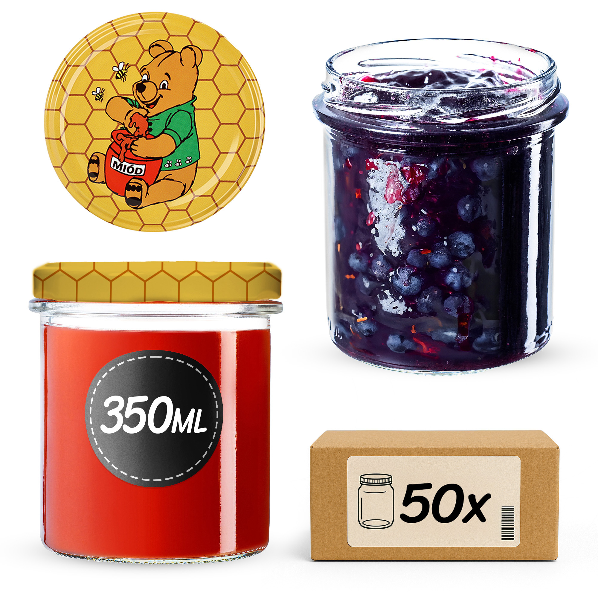Słoiki na przetwory Avila 350ml 50szt 82mm + wieczka "Miód"