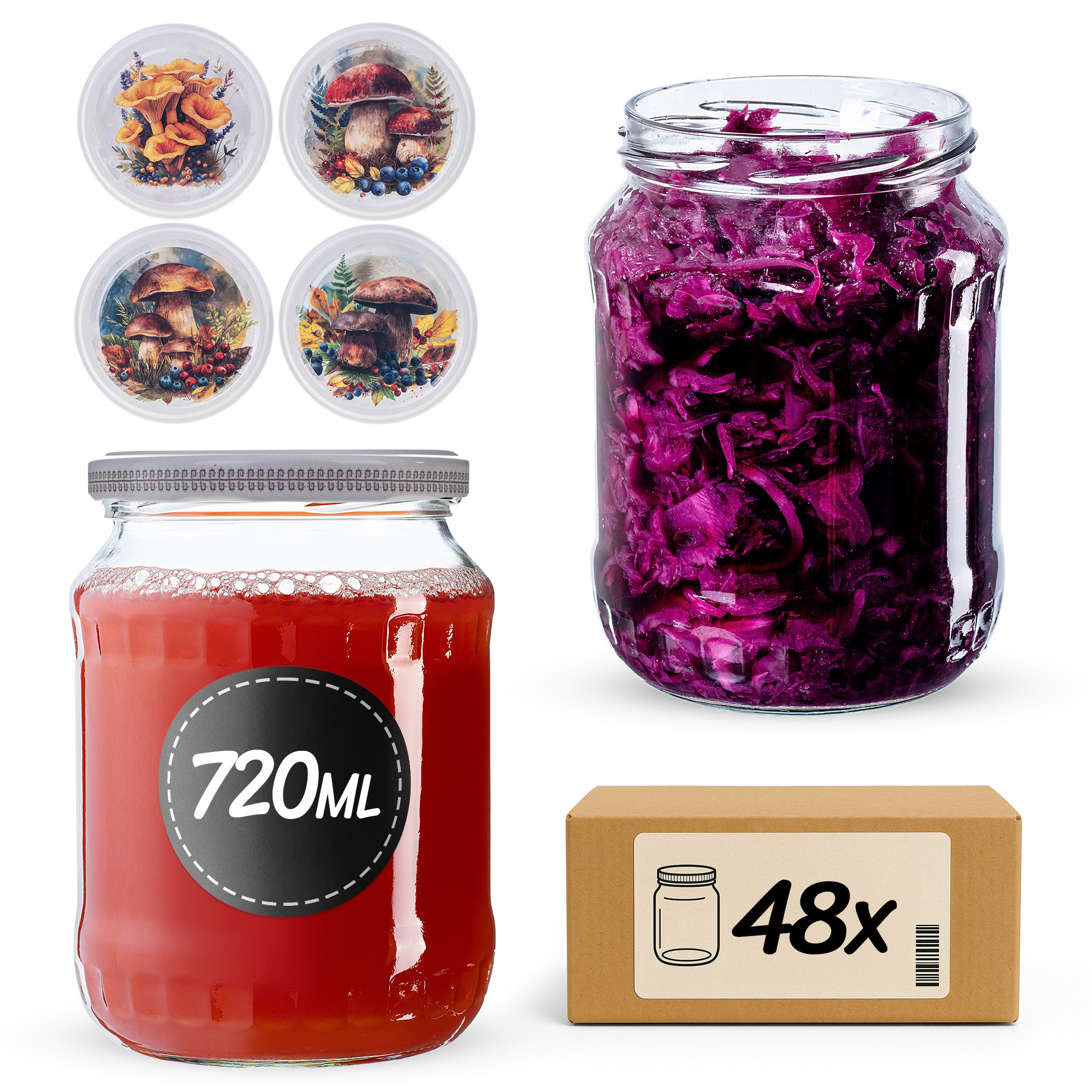 Słoiki na przetwory Jukka 720ml fi82mm 48szt + wieczko Grzyb akwarela