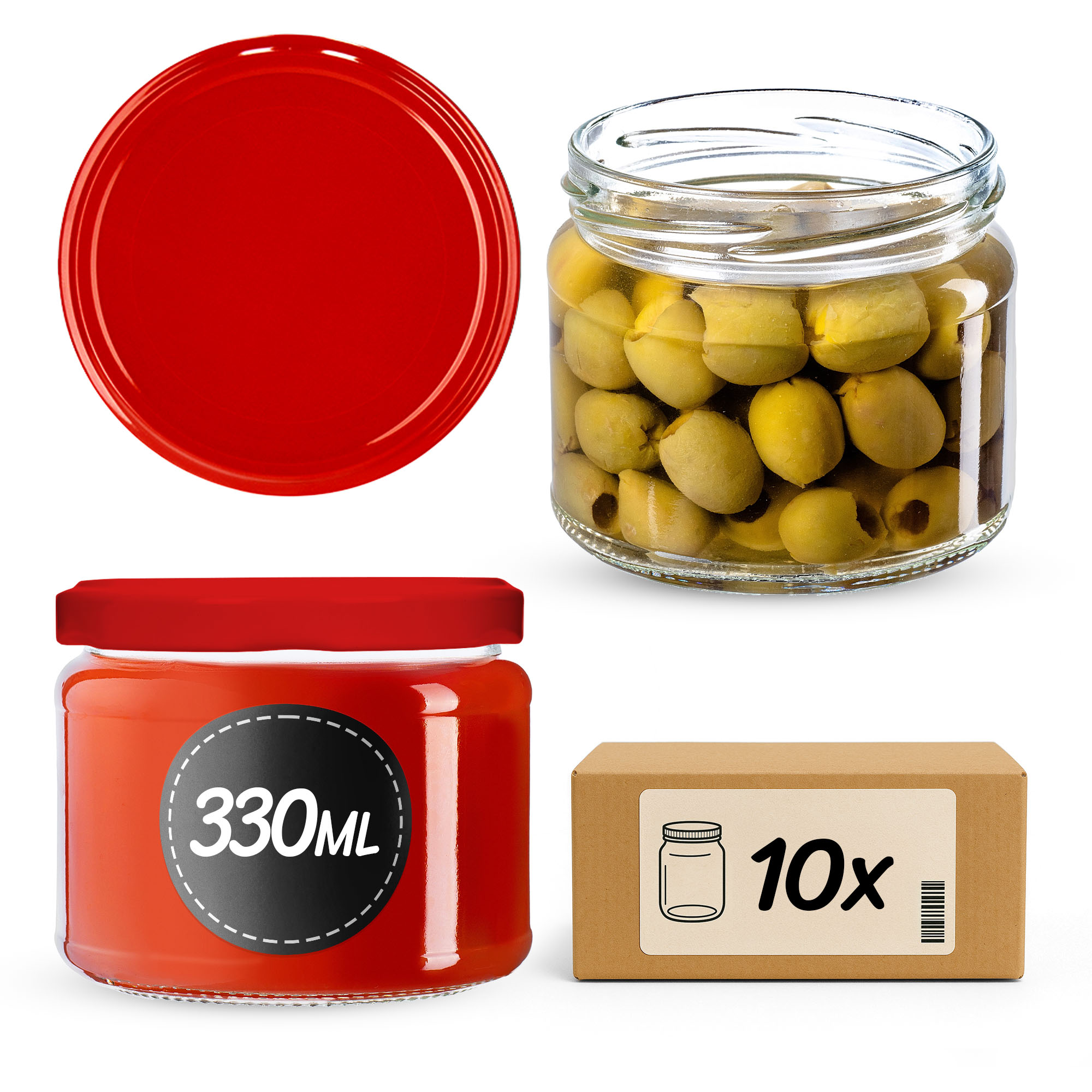 Słoiki na przetwory Sonka 330ml 10szt 82mm + wieczka czerwone