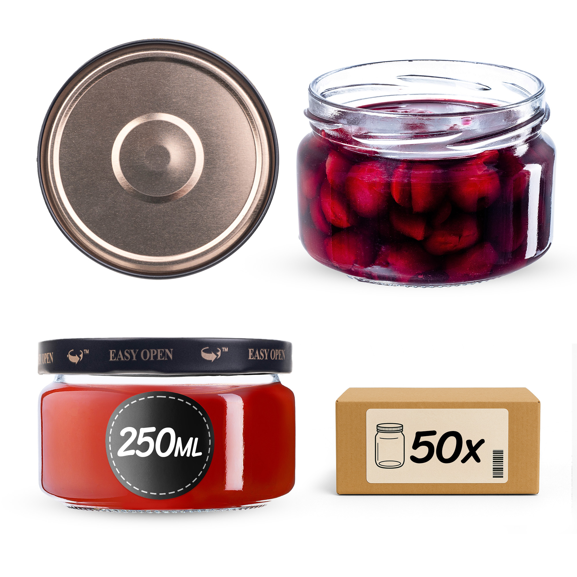 Słoiki na przetwory Denia 250ml 50szt 82mm + wieczko czarno-złote Orbit