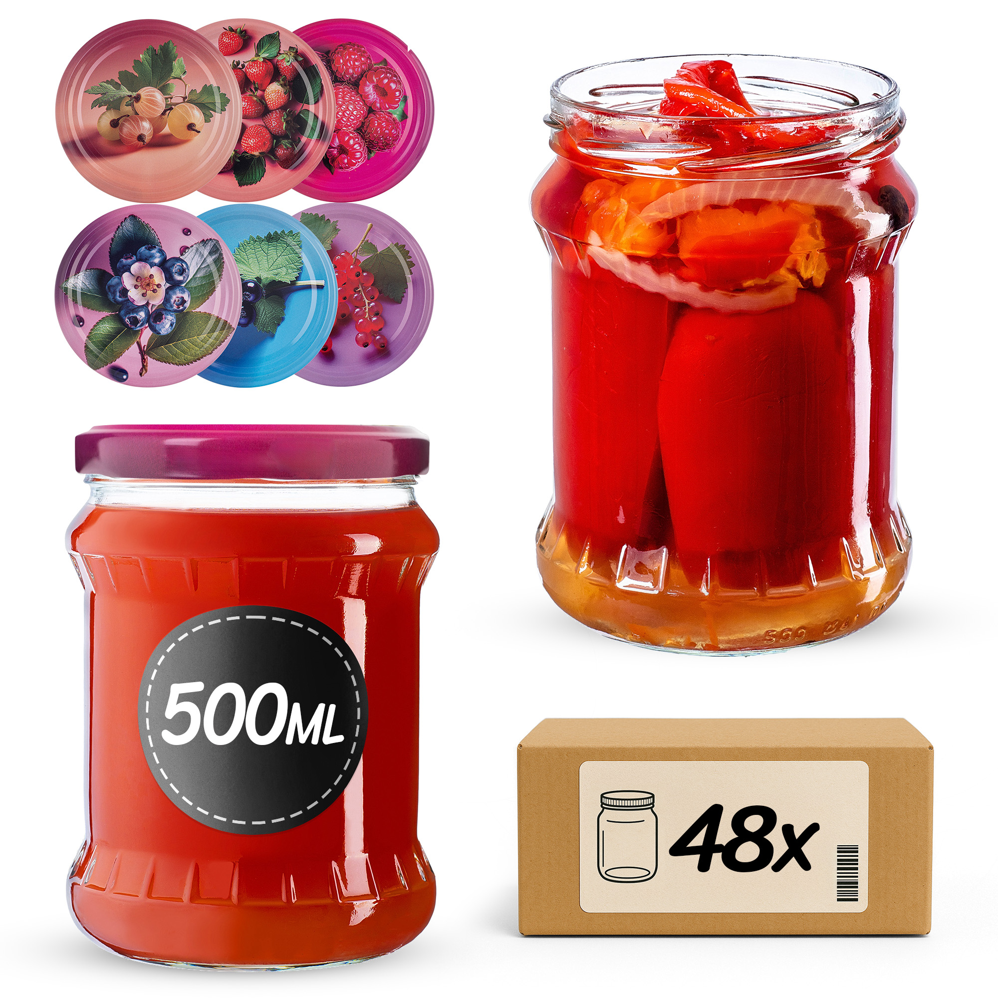 Słoiki na przetwory Kisko 500ml fi82mm 48szt + wieczko Jagodowy mix