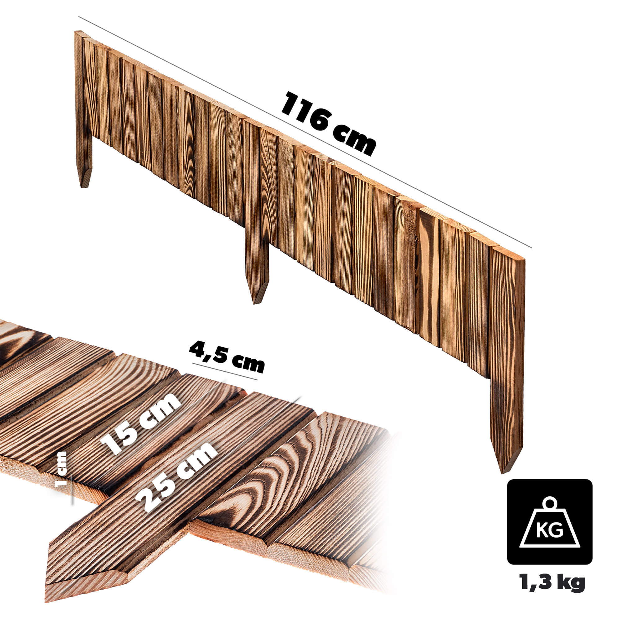 Płotek drewniany rollborder Ansjo obrzeże 115 x 15 cm opalany