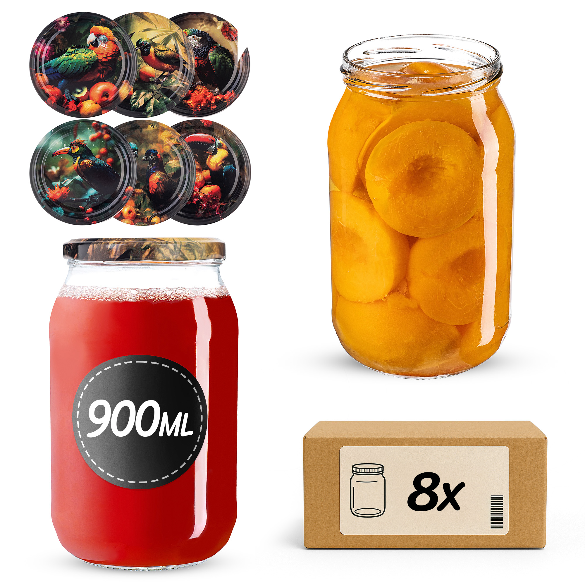 Słoiki na przetwory Simo 900ml fi82mm 8szt + wieczko Ptaki