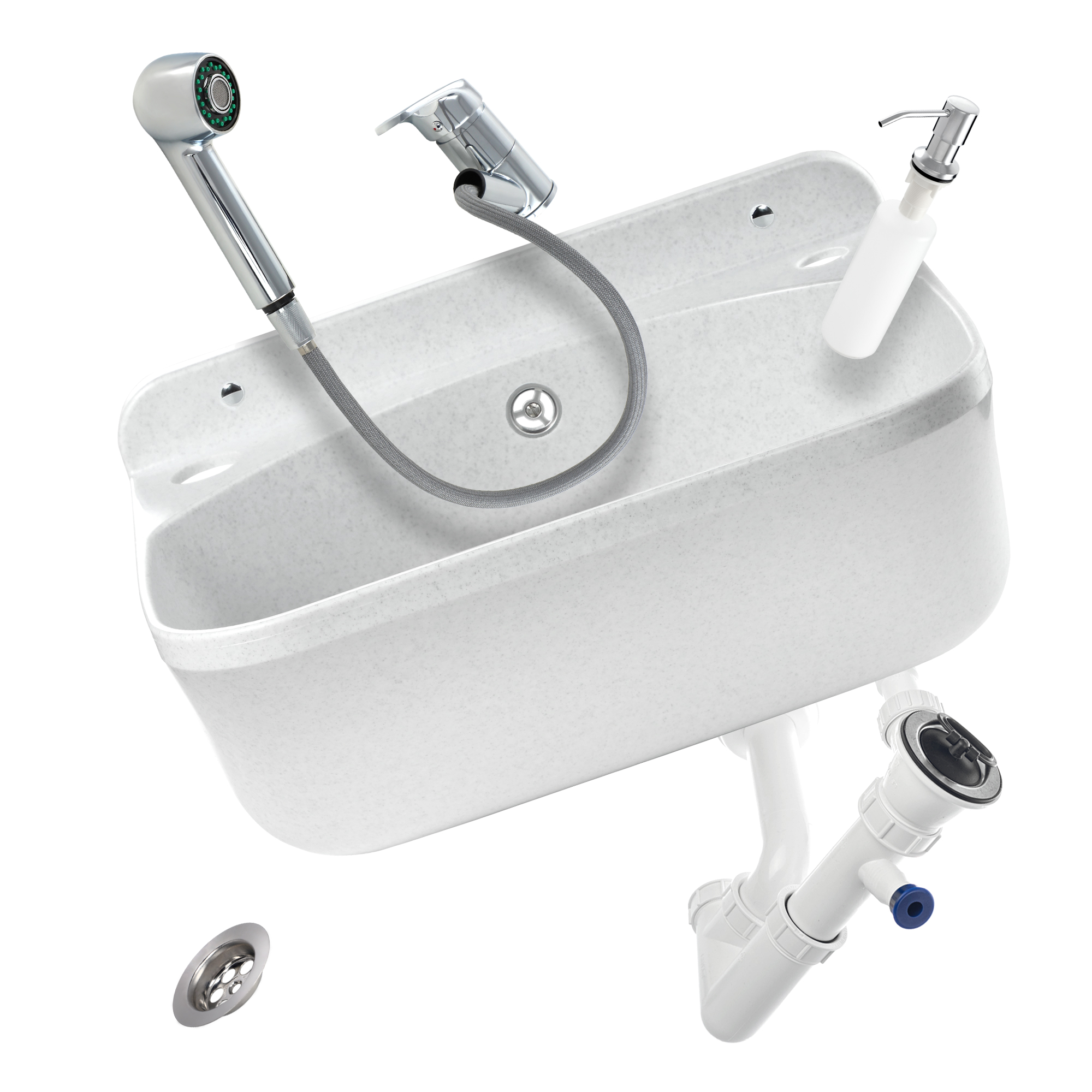 Zlew gospodarczy z wyciąganą baterią i dozownikiem Gospo Eko, biały