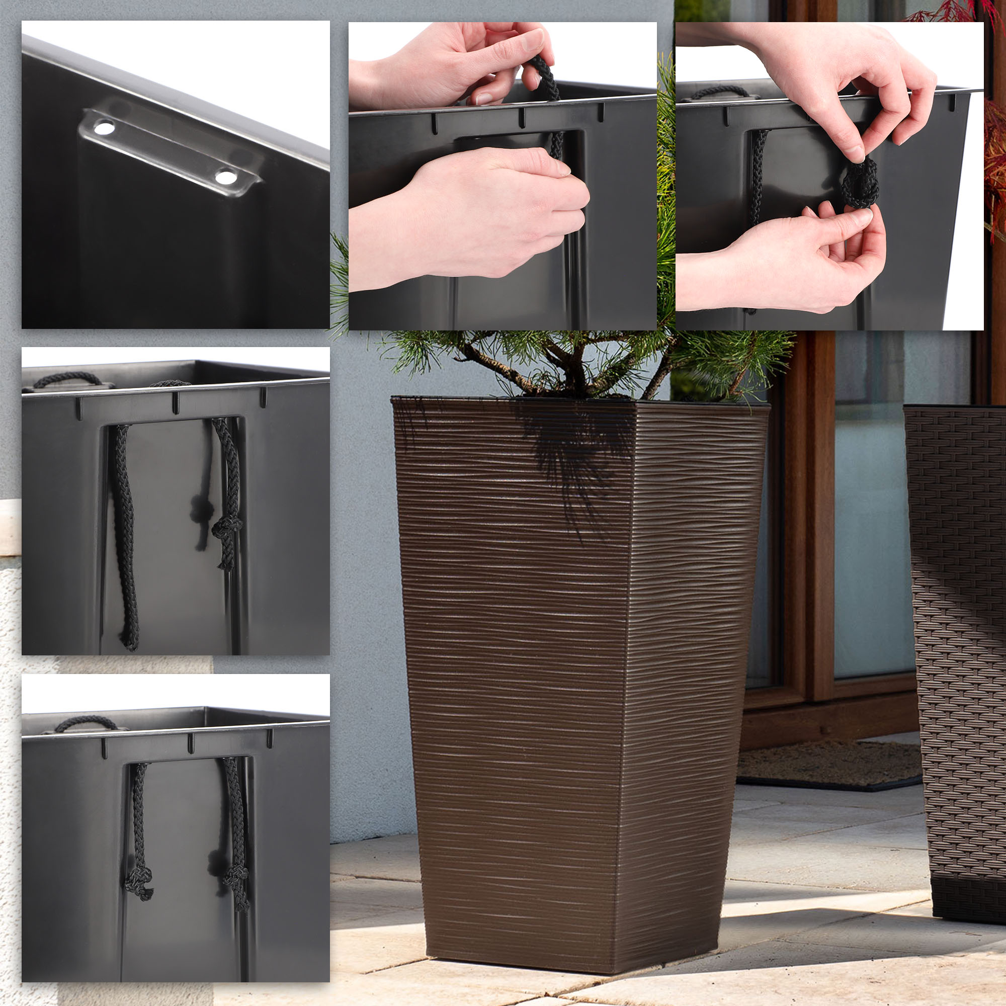 Donice na kwiaty z wkładem Tuluza dłuto 30 cm + 35 cm + 40 cm, mokka