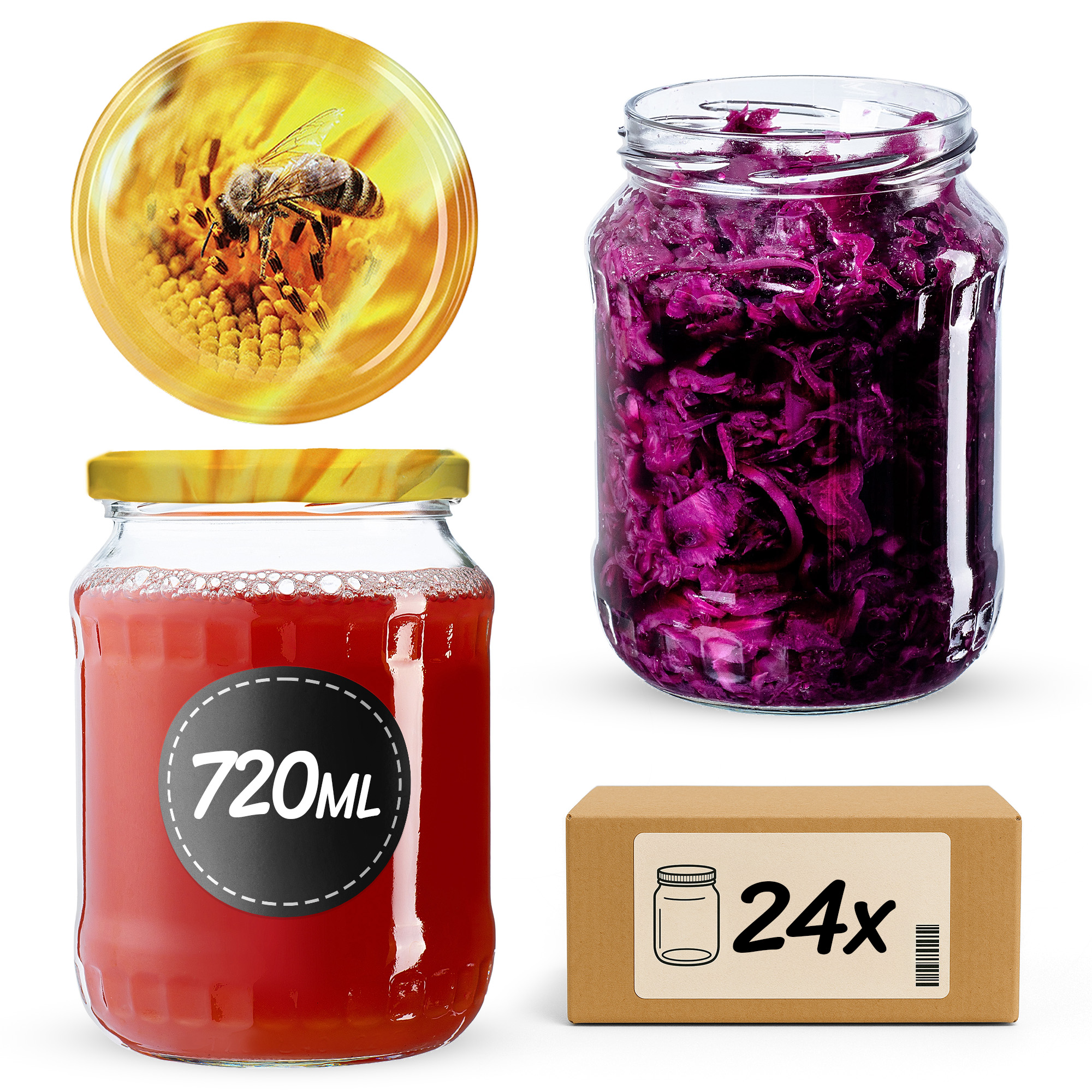 Słoiki na przetwory Jukka 720ml 24szt 82mm + wieczka "Pszczoły"