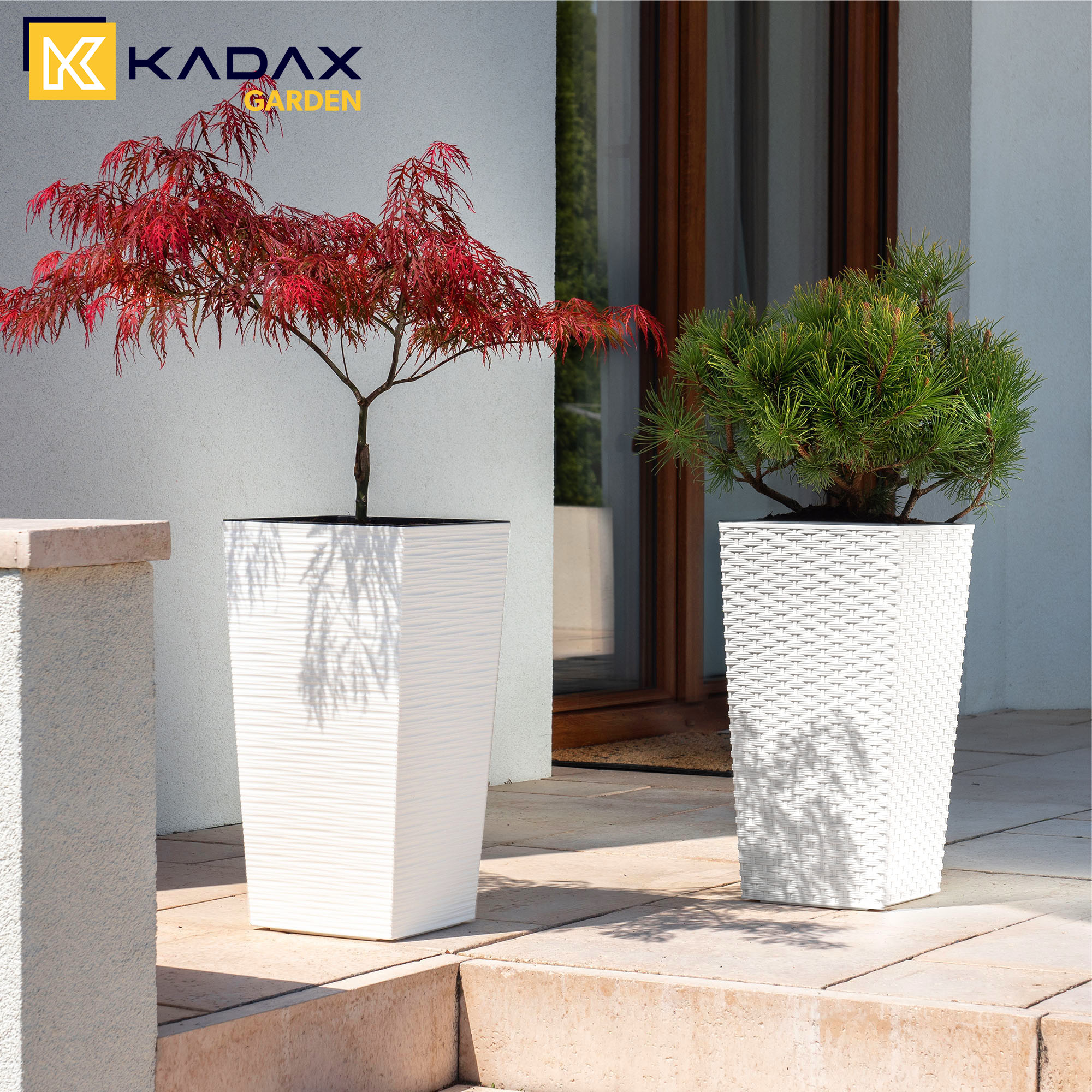 Donice na kwiaty z wkładem Pesaro rattan 30 cm +35 cm + 40 cm, białe