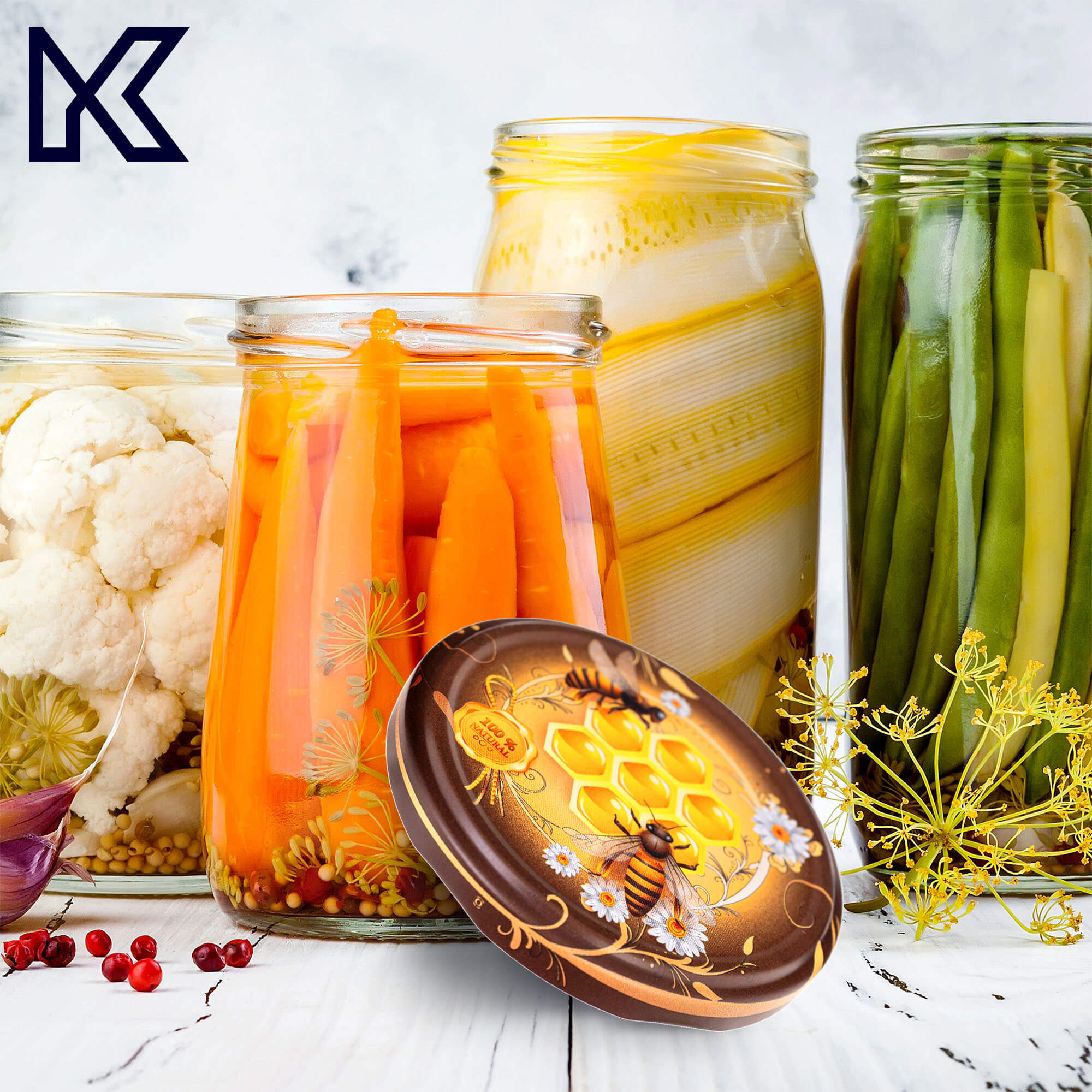 Słoiki na przetwory Denia 250ml 10szt 82mm + wieczko "Pszczoły z kwiatkami"