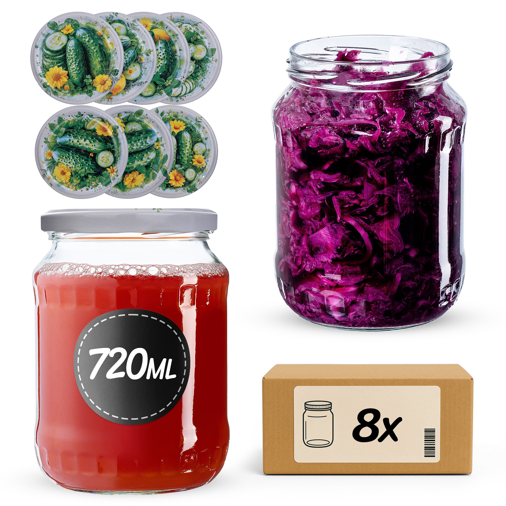 Słoiki na przetwory Jukka 720ml fi82mm 8szt + wieczko Kompozycja ogórkowa