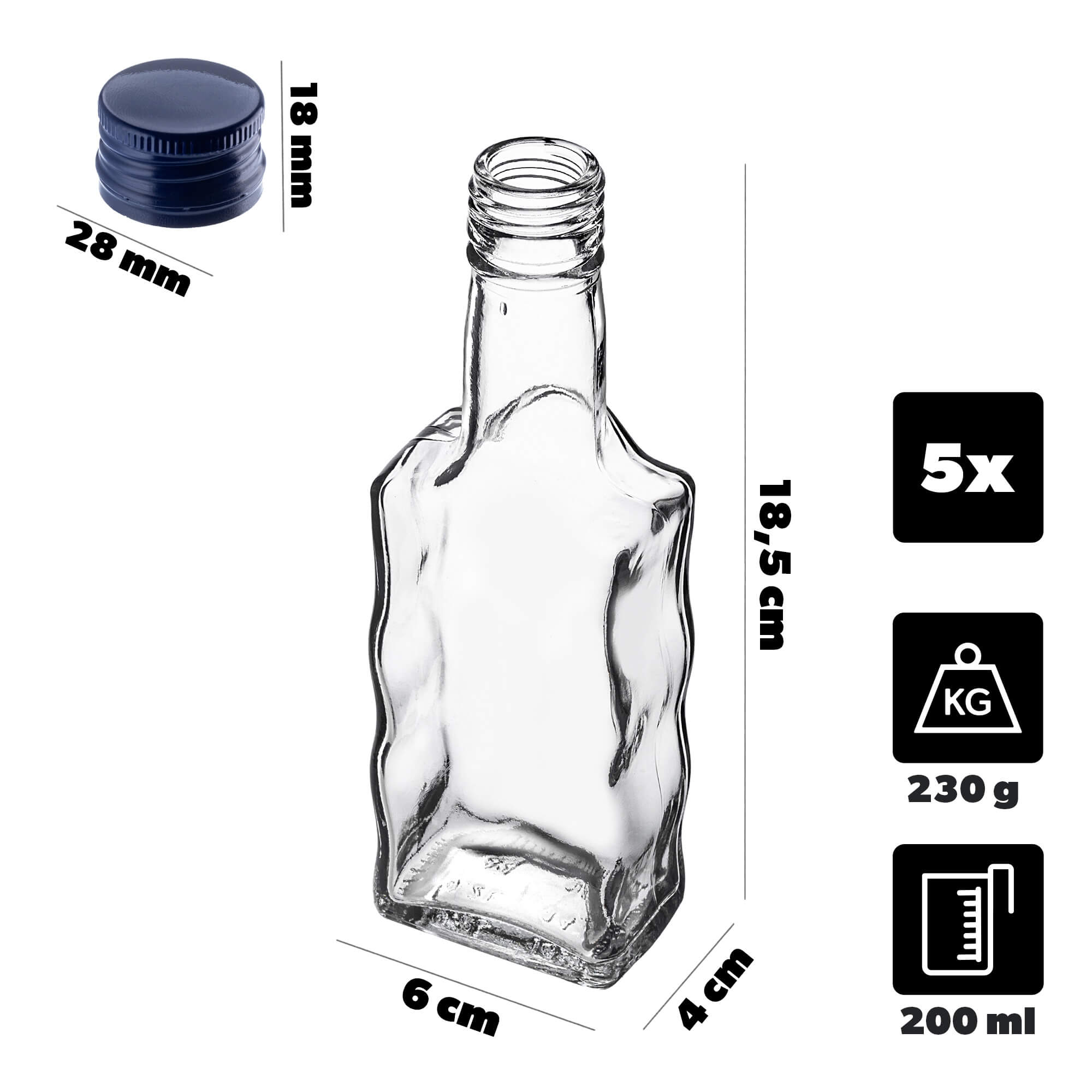 Szklana butelka na nalewkę Fala 200ml z granatową zakrętką 5 szt.