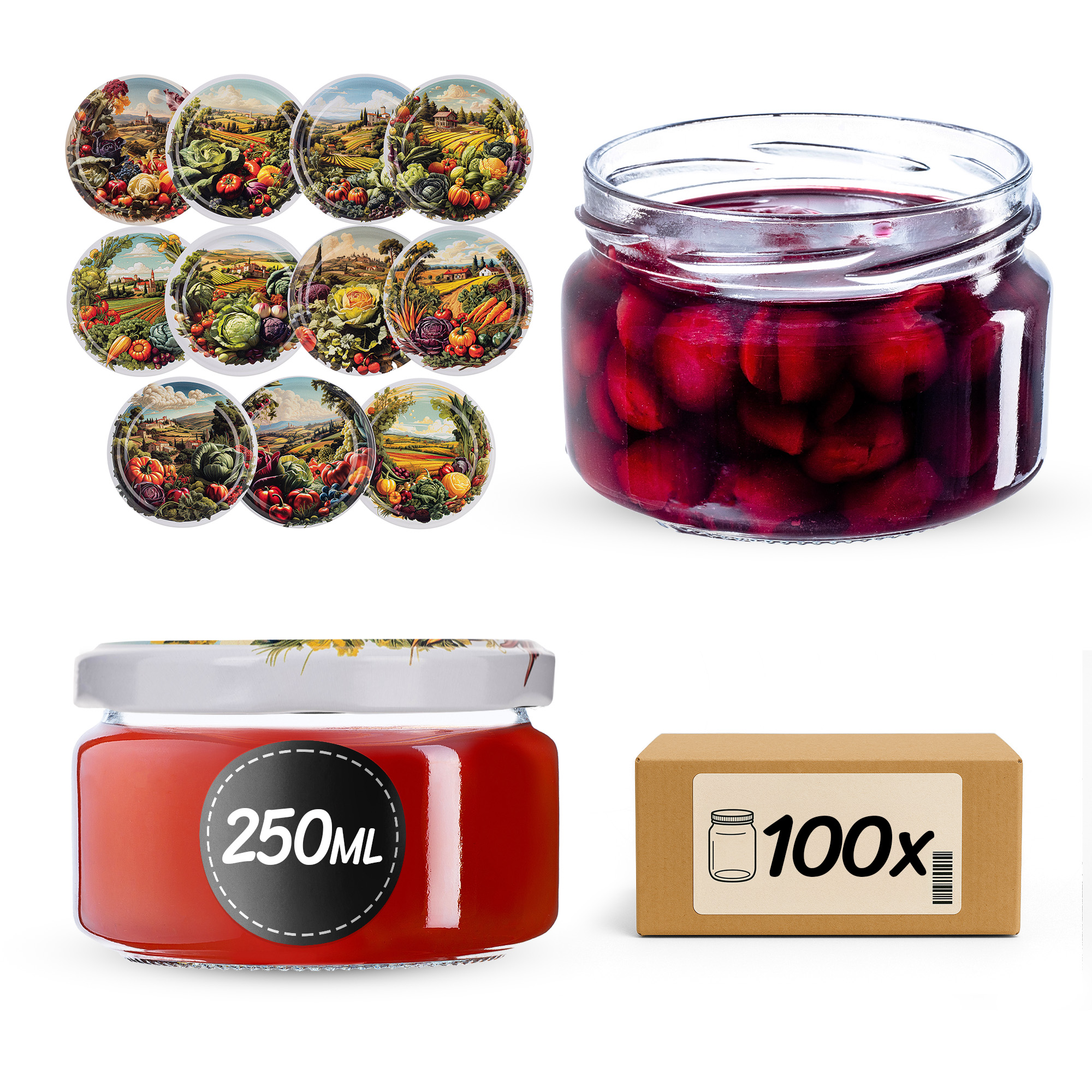 Słoiki na przetwory Denia 250ml 100szt 82mm + wieczko "Warzywa mix"