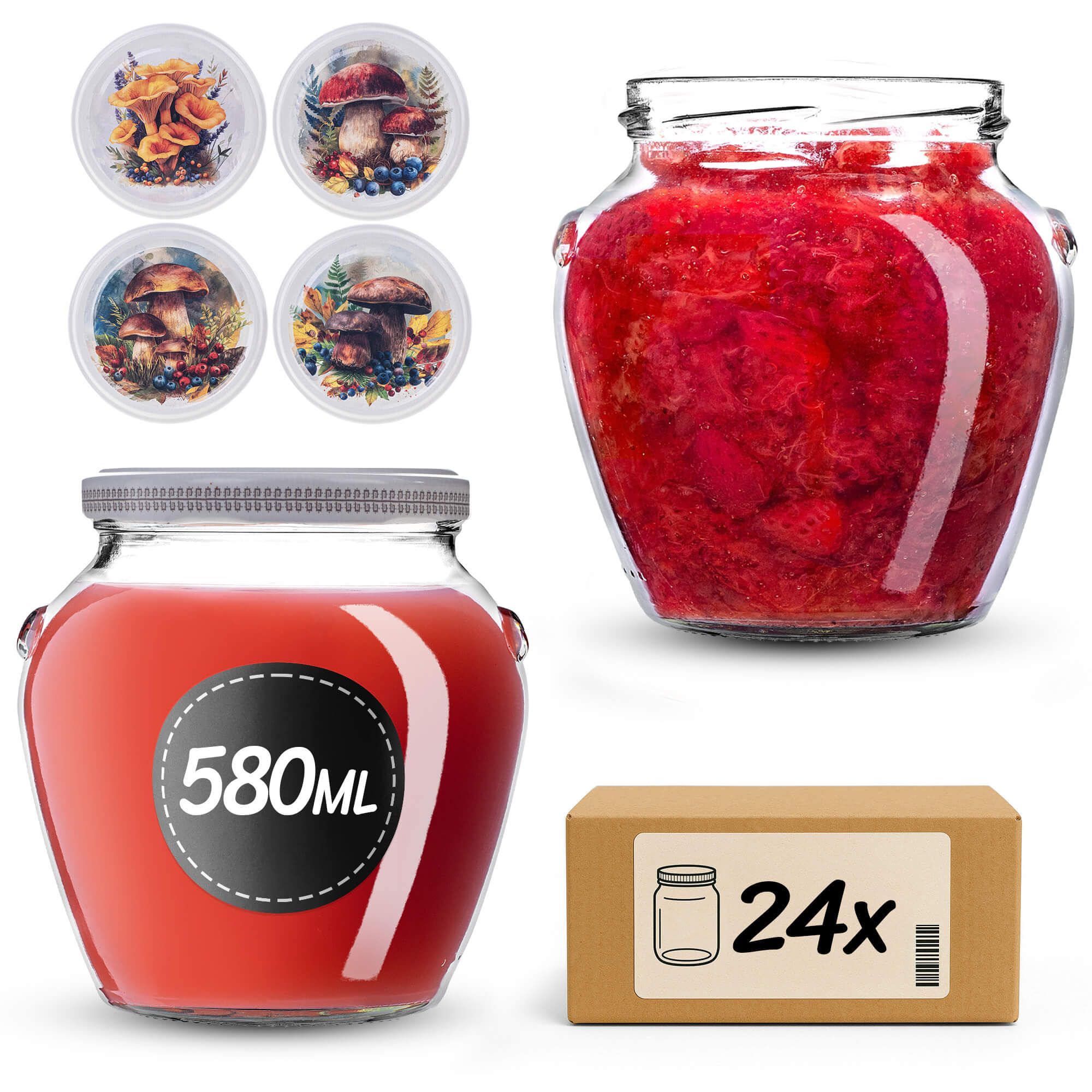 Słoiki na przetwory Sassa 580ml 24szt 82mm + wieczka "Mix grzybów"