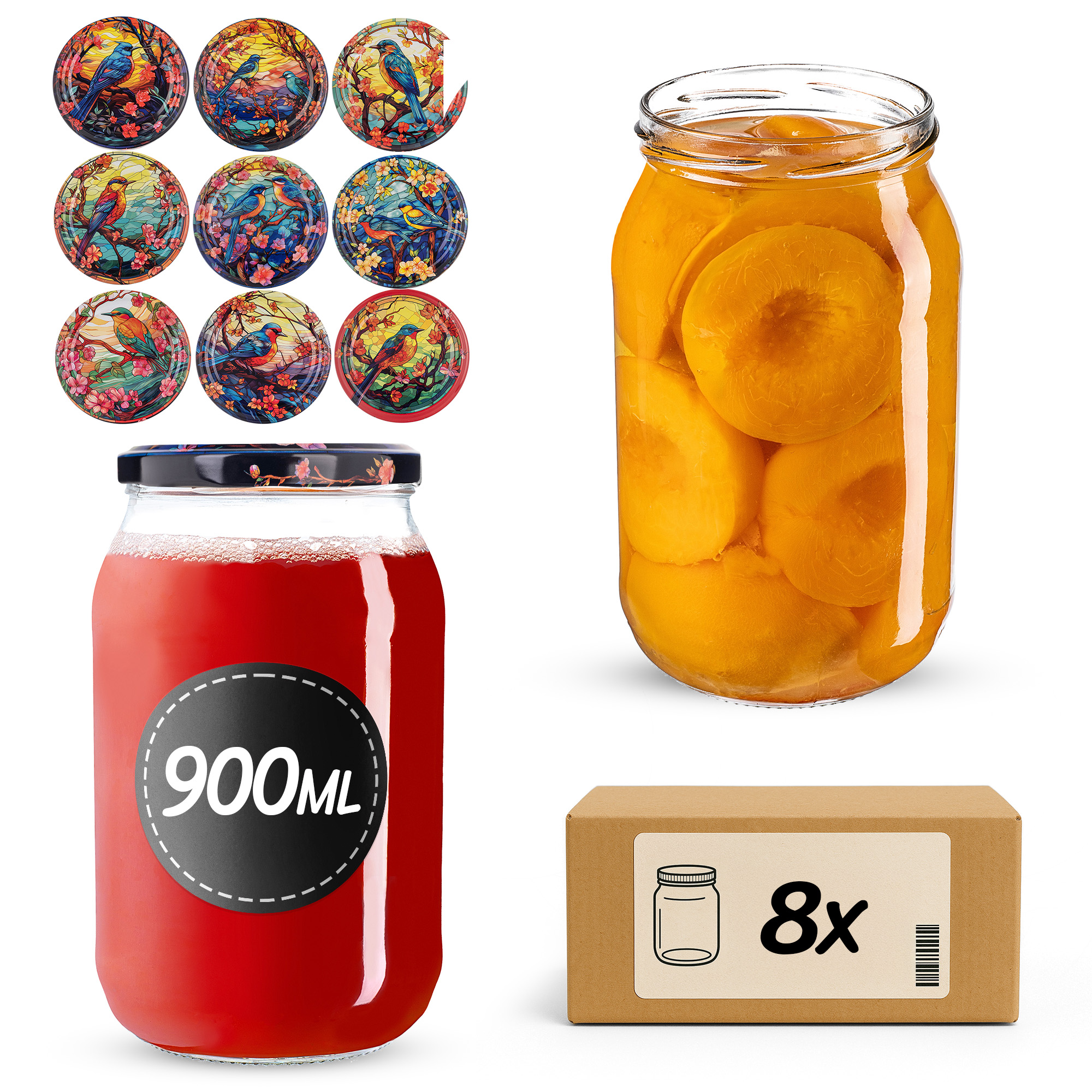 Słoiki na przetwory Simo 900ml fi82mm 8szt + wieczko Ptaki