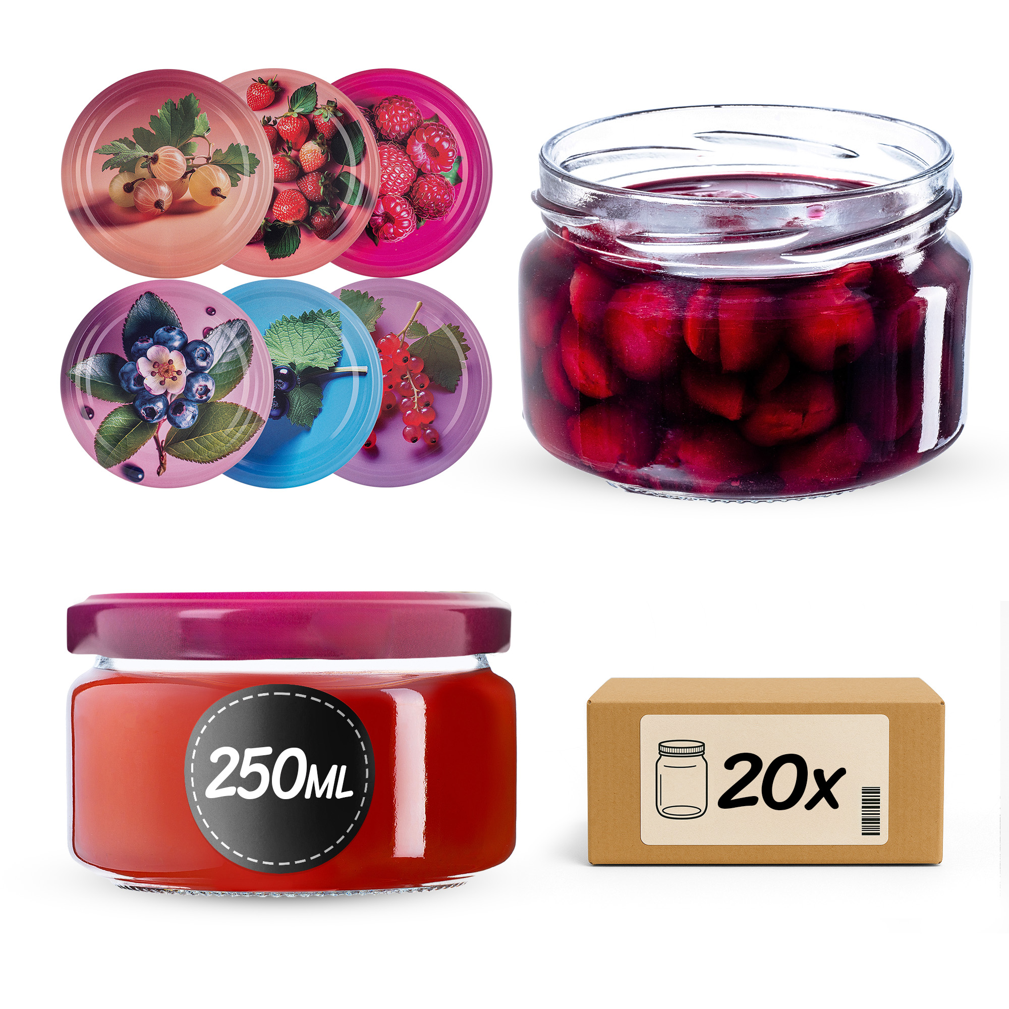 Słoiki na przetwory Denia 250ml 20szt 82mm + wieczko "Jagodowy mix"