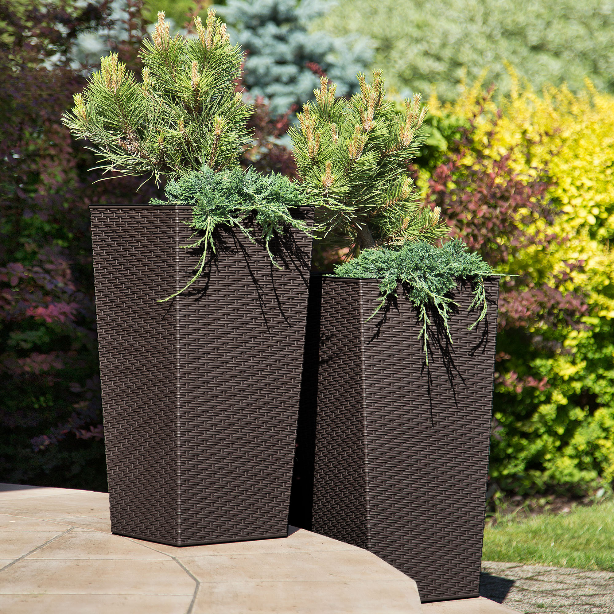 Donice na kwiaty z wkładem Pesaro rattan 19 cm + 25 cm + 30 cm, mokka