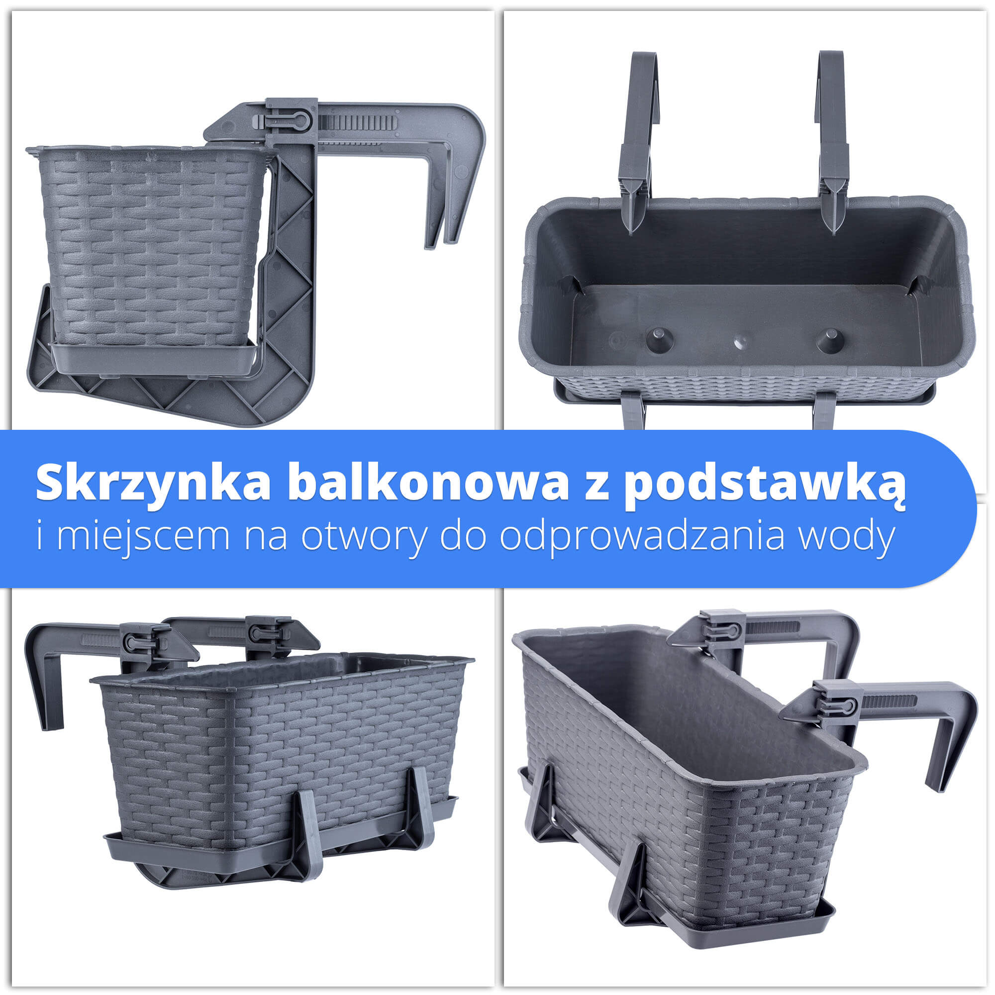 Skrzynka balkonowa rattan z podstawką i uchwytami Frette 40 cm, grafit